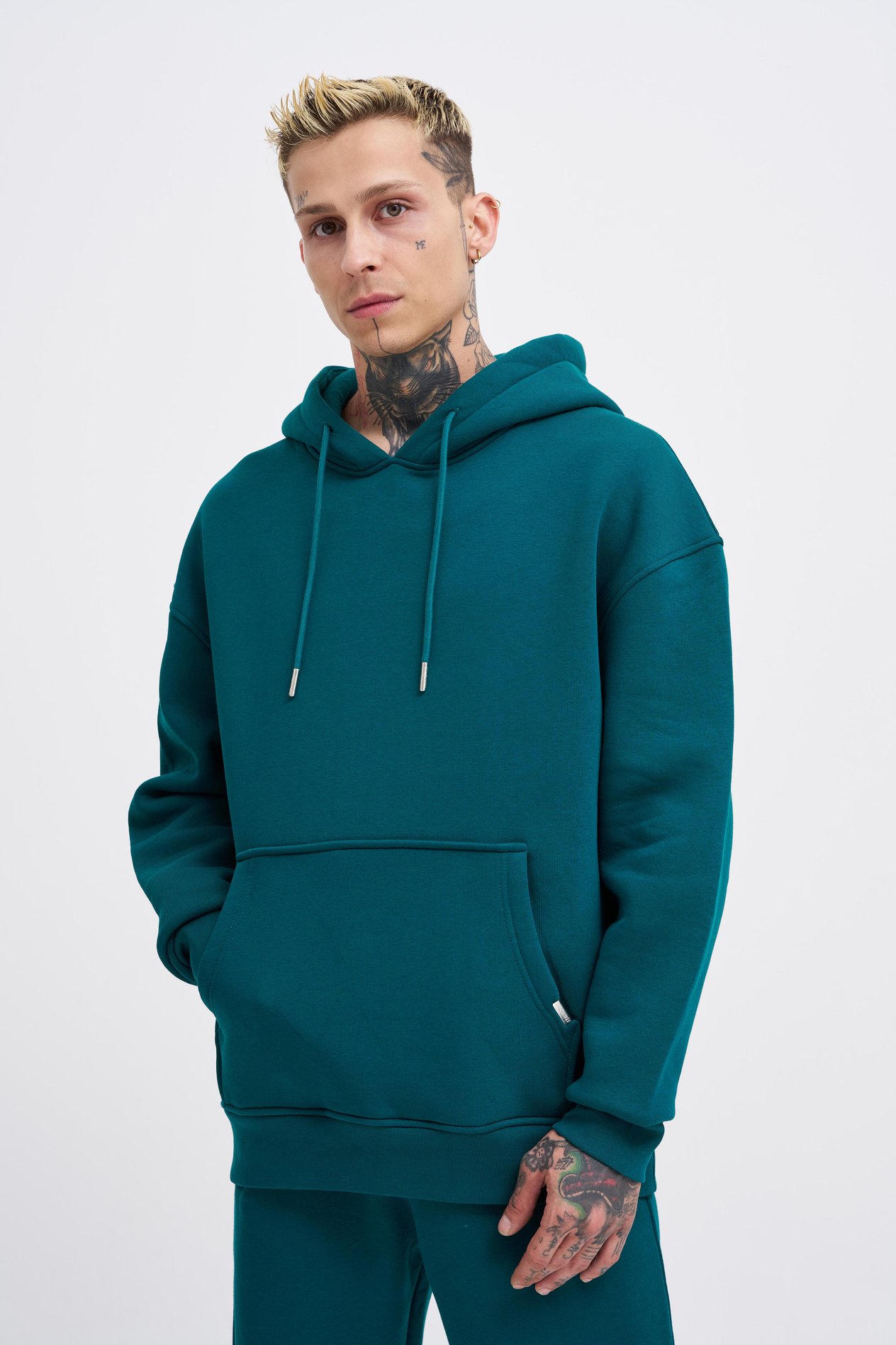 Erkek Oversize Basic Kapüşonlu Sweatshirt Oıl Green