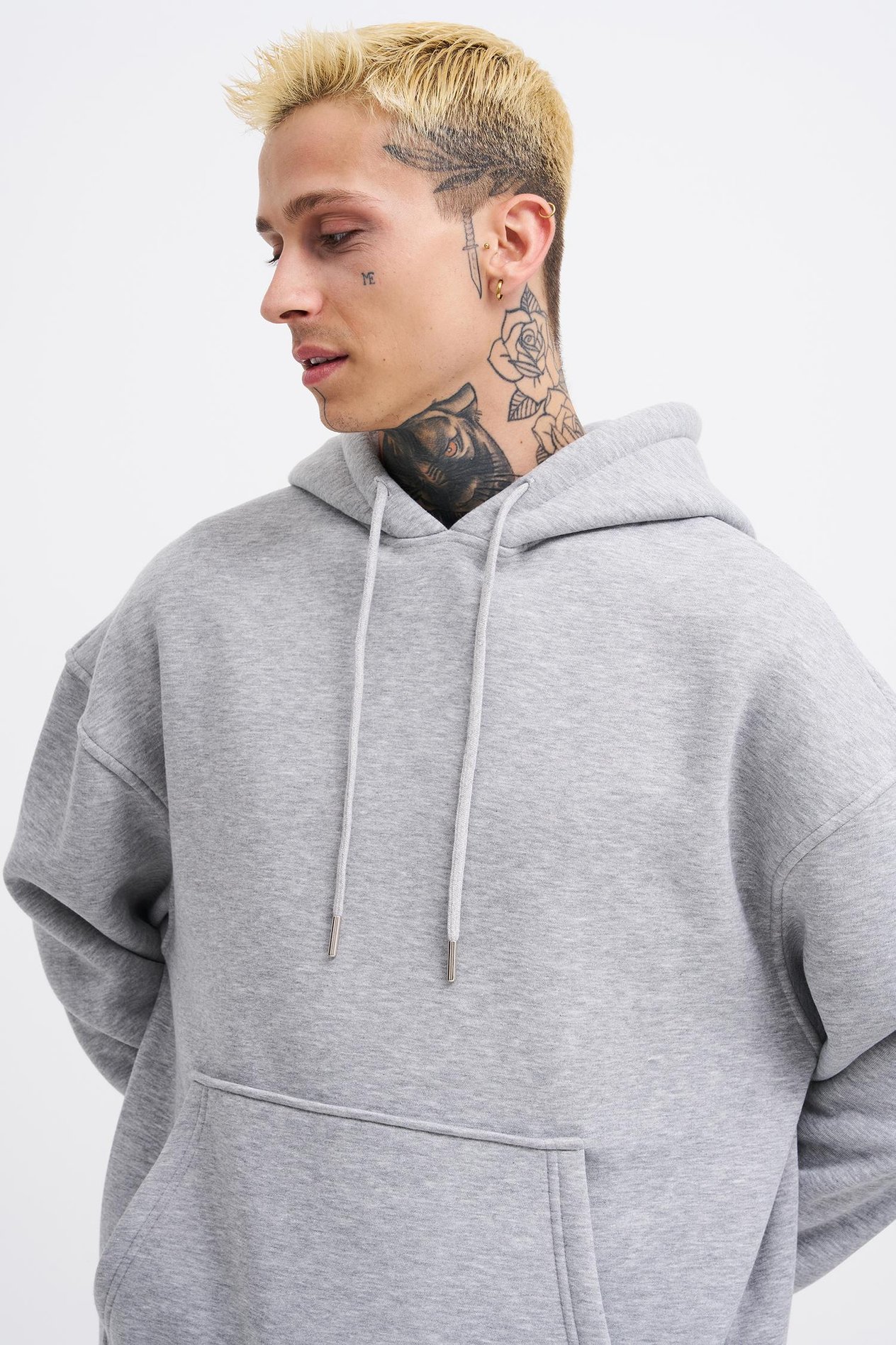 Erkek Oversize Basic Kapüşonlu Sweatshirt GRİ MELANJ