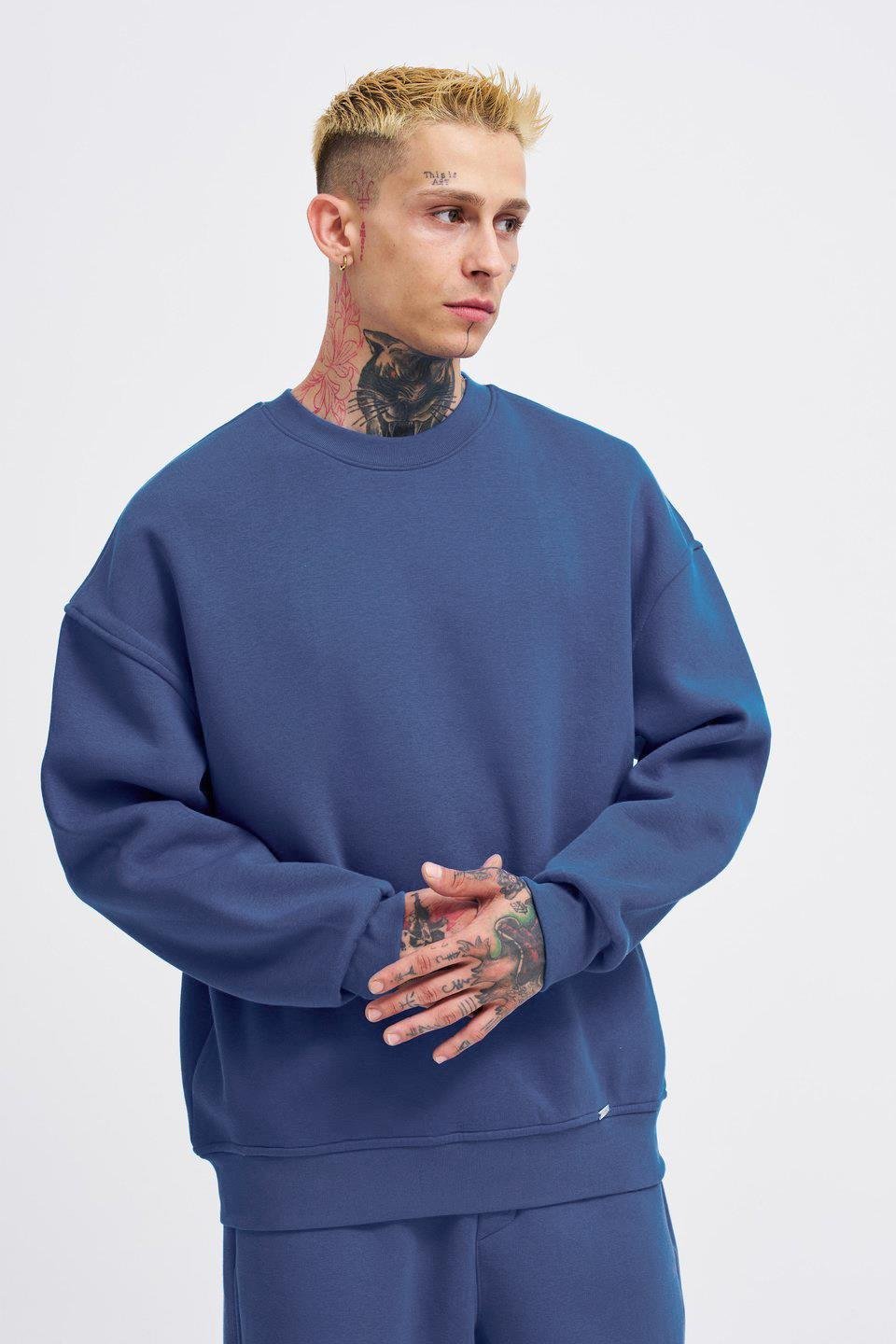 Erkek Oversize Basic Sabah Mavi Sweatshirt
