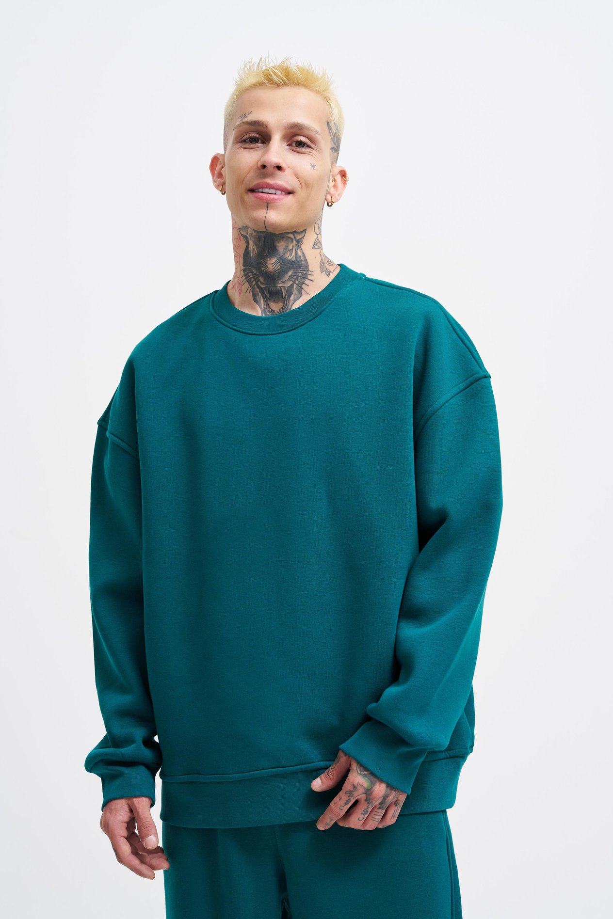 Erkek Oversize Basic Sweatshirt OIL GREEN