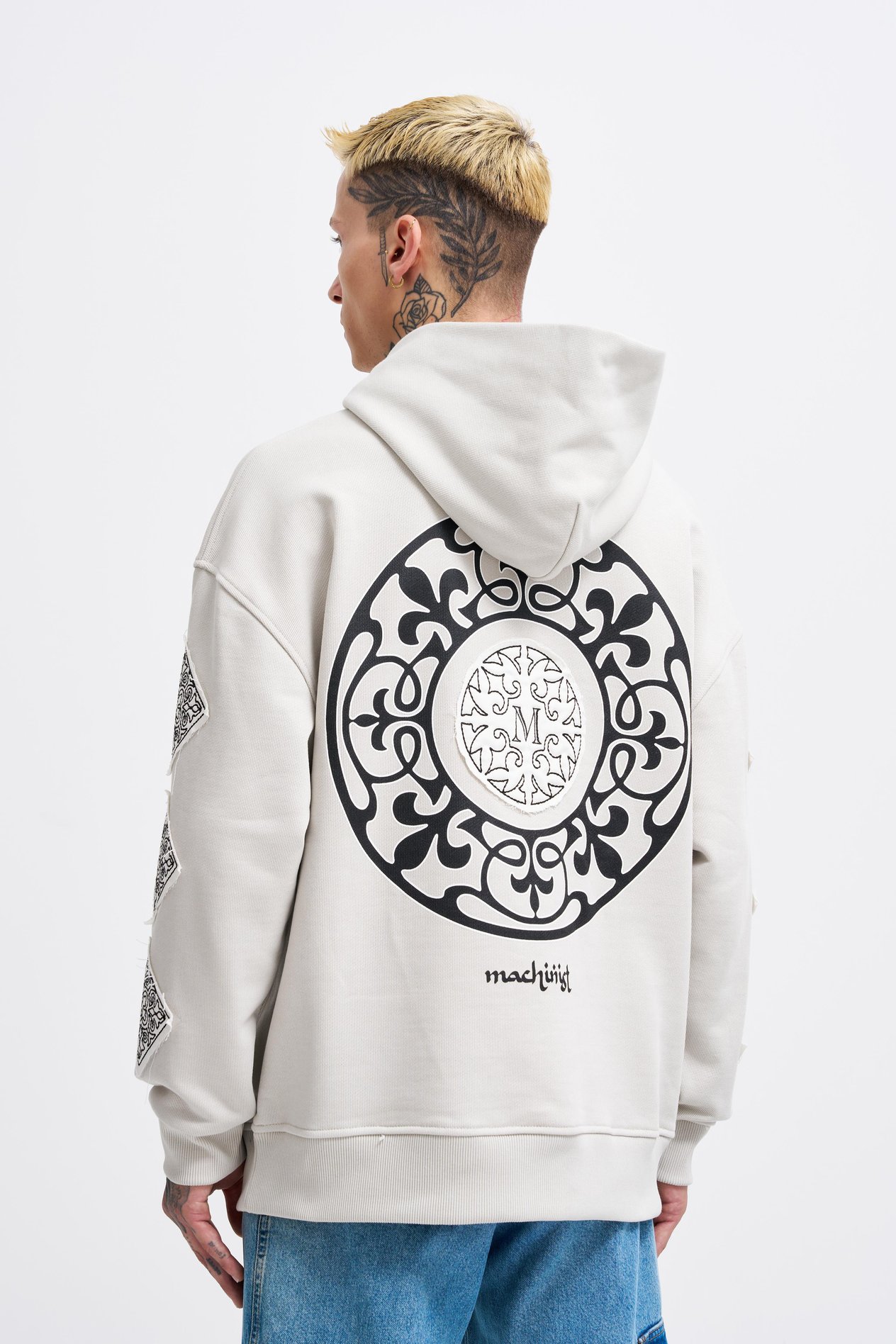 Erkek Patched Ethnic Gri Hoodie