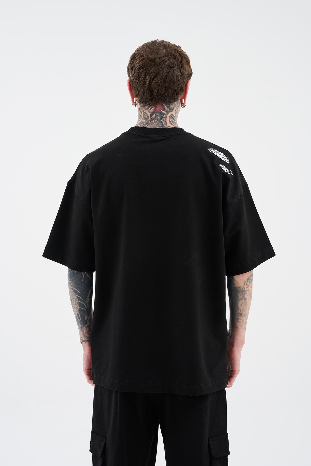 Erkek Patchwork and Stitched Oversize Tişört DARK BLACK