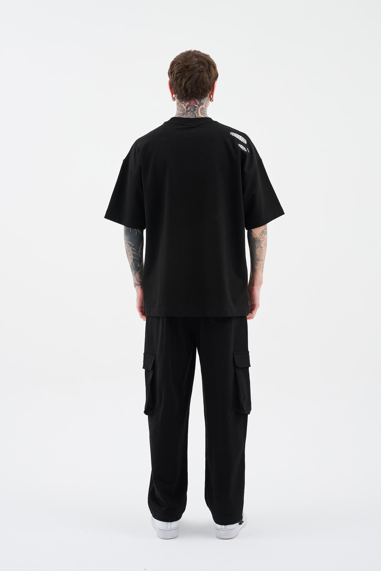 Erkek Patchwork and Stitched Oversize Tişört DARK BLACK