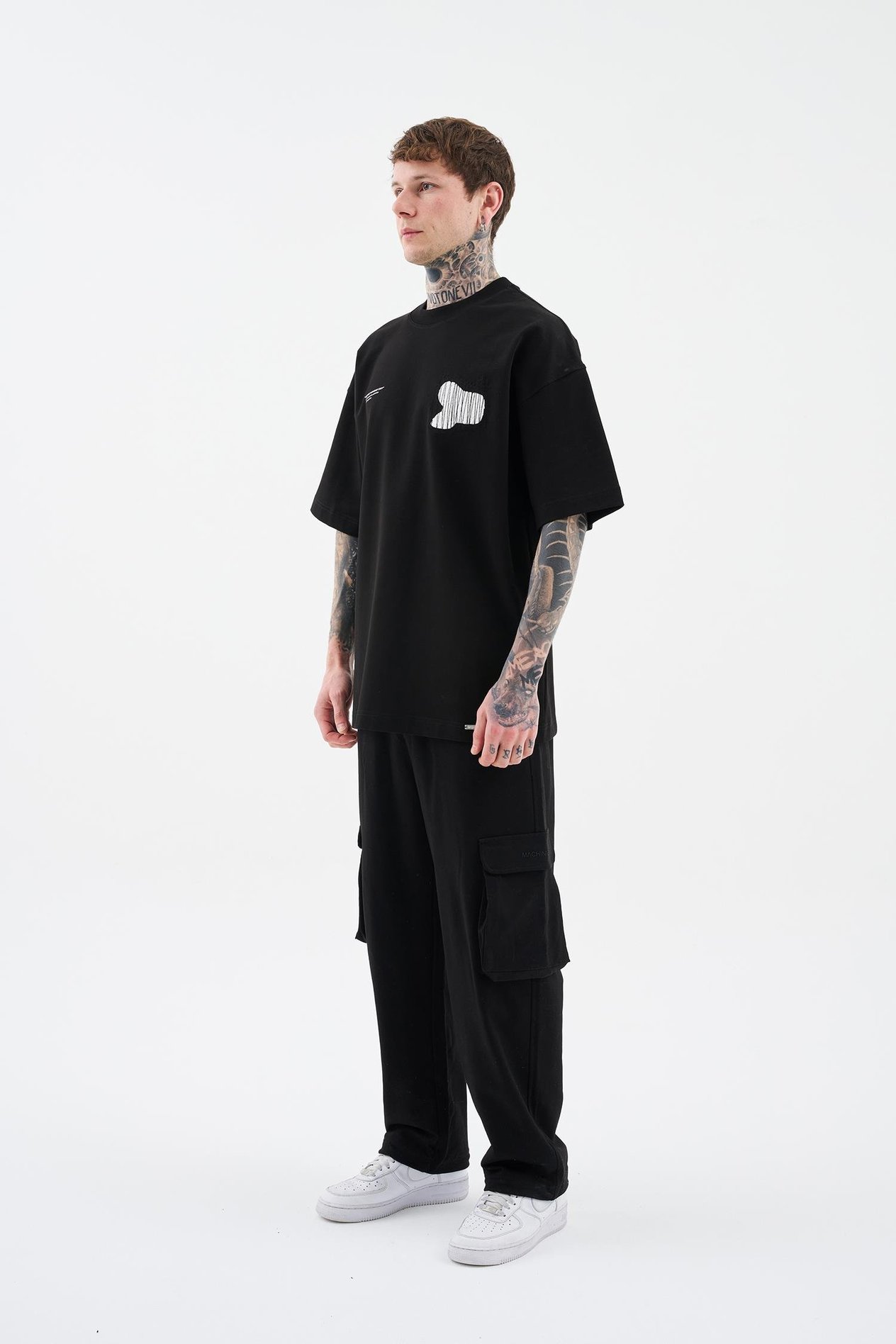 Erkek Patchwork and Stitched Oversize Tişört DARK BLACK