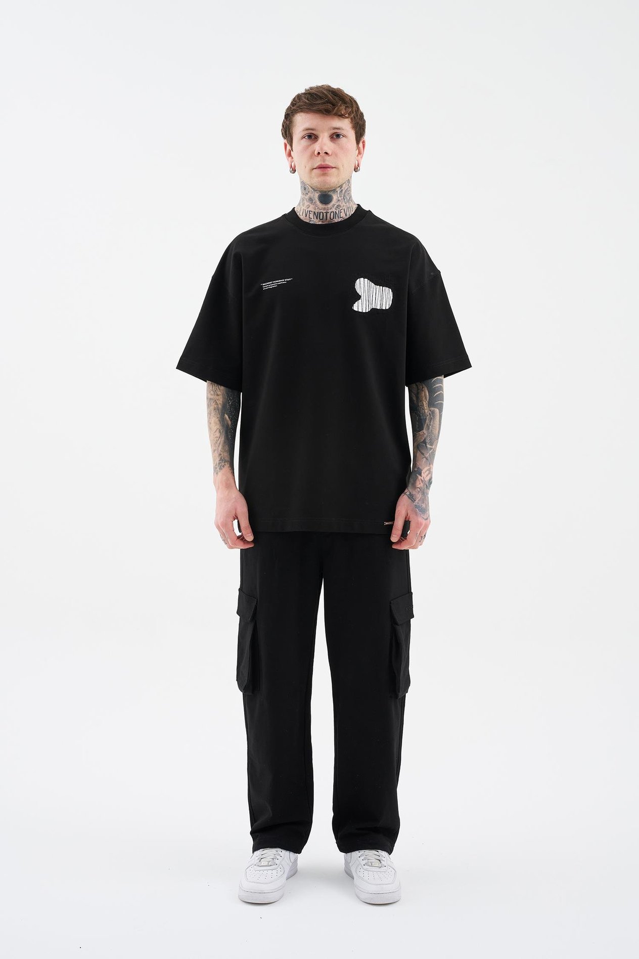 Erkek Patchwork and Stitched Oversize Tişört DARK BLACK
