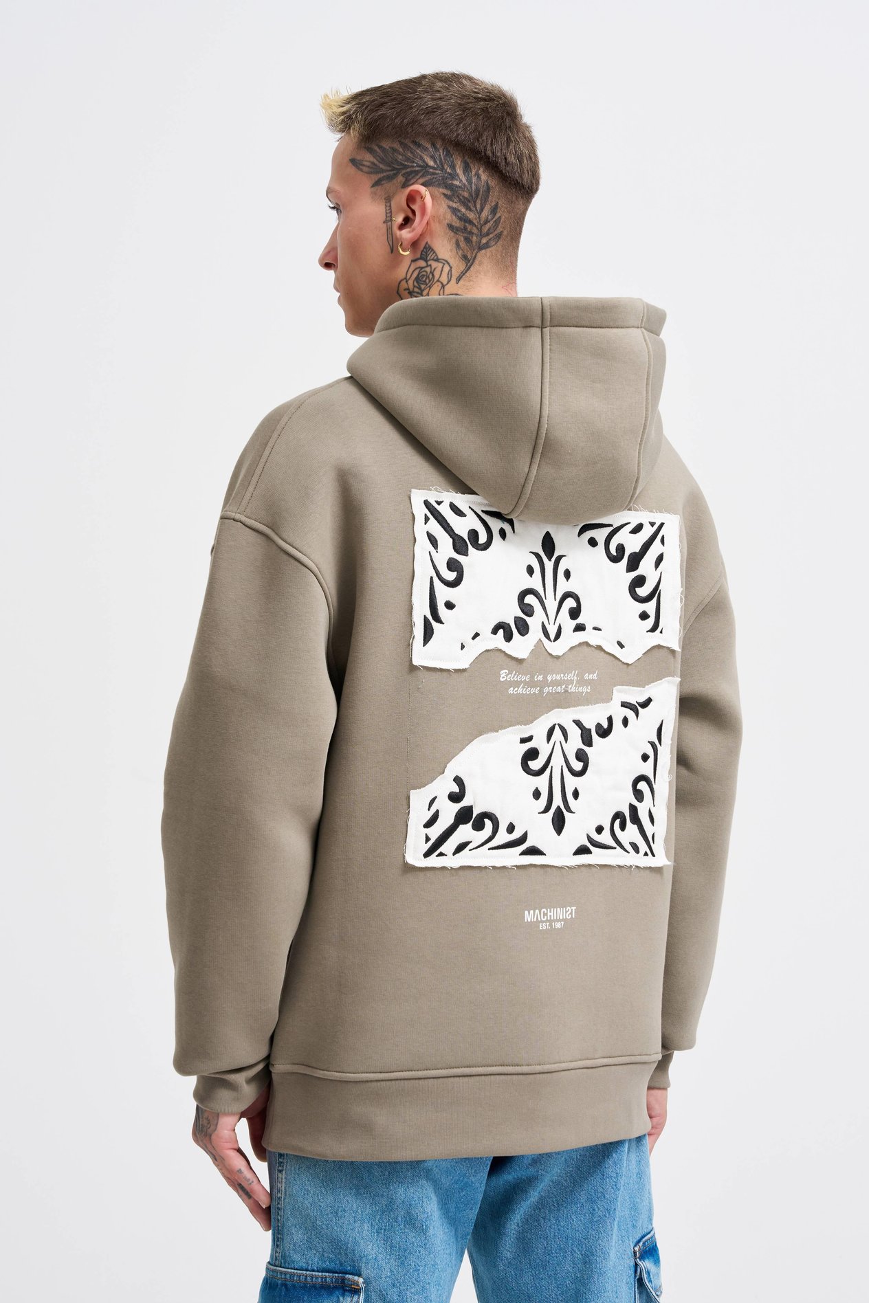 Erkek Patcwork Embroidered Haki Hoodie