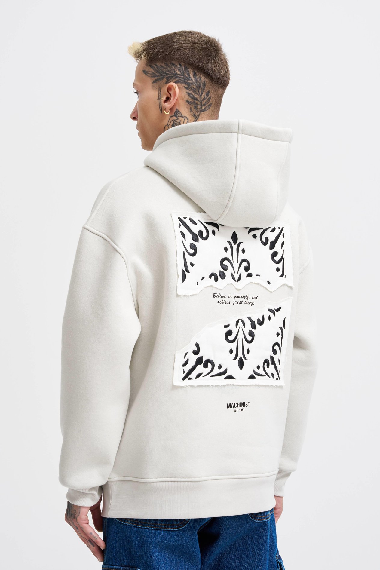 Erkek Patcwork Embroidered Gri Hoodie