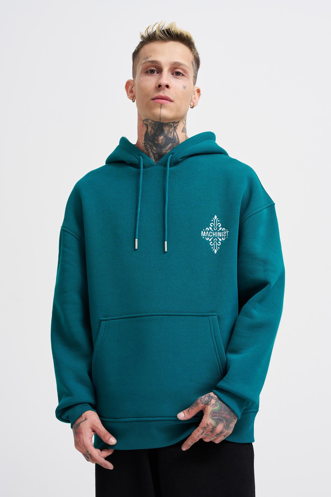 Erkek Patcwork Embroidered Petrol Yeşili Hoodie