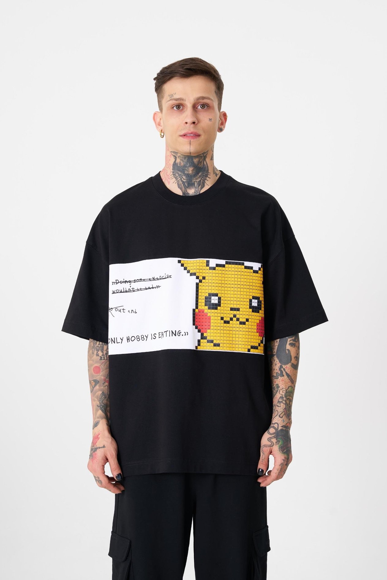 Erkek Pikachu Baskılı Oversize Siyah Tişört