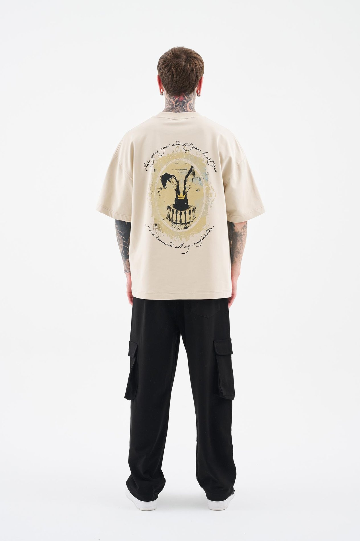 Erkek Printed And Glitter Embroidered Oversi̇ze Ti̇şört SOFT BEIGE