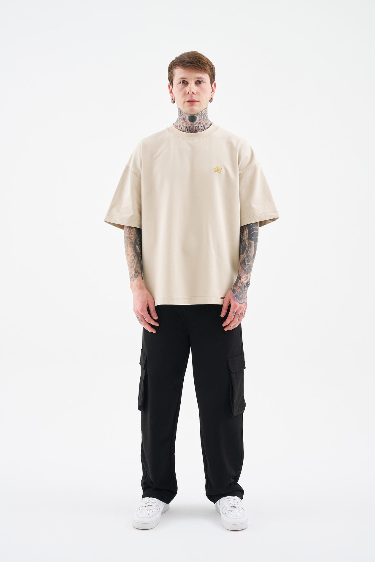 Erkek Printed And Glitter Embroidered Oversi̇ze Ti̇şört SOFT BEIGE