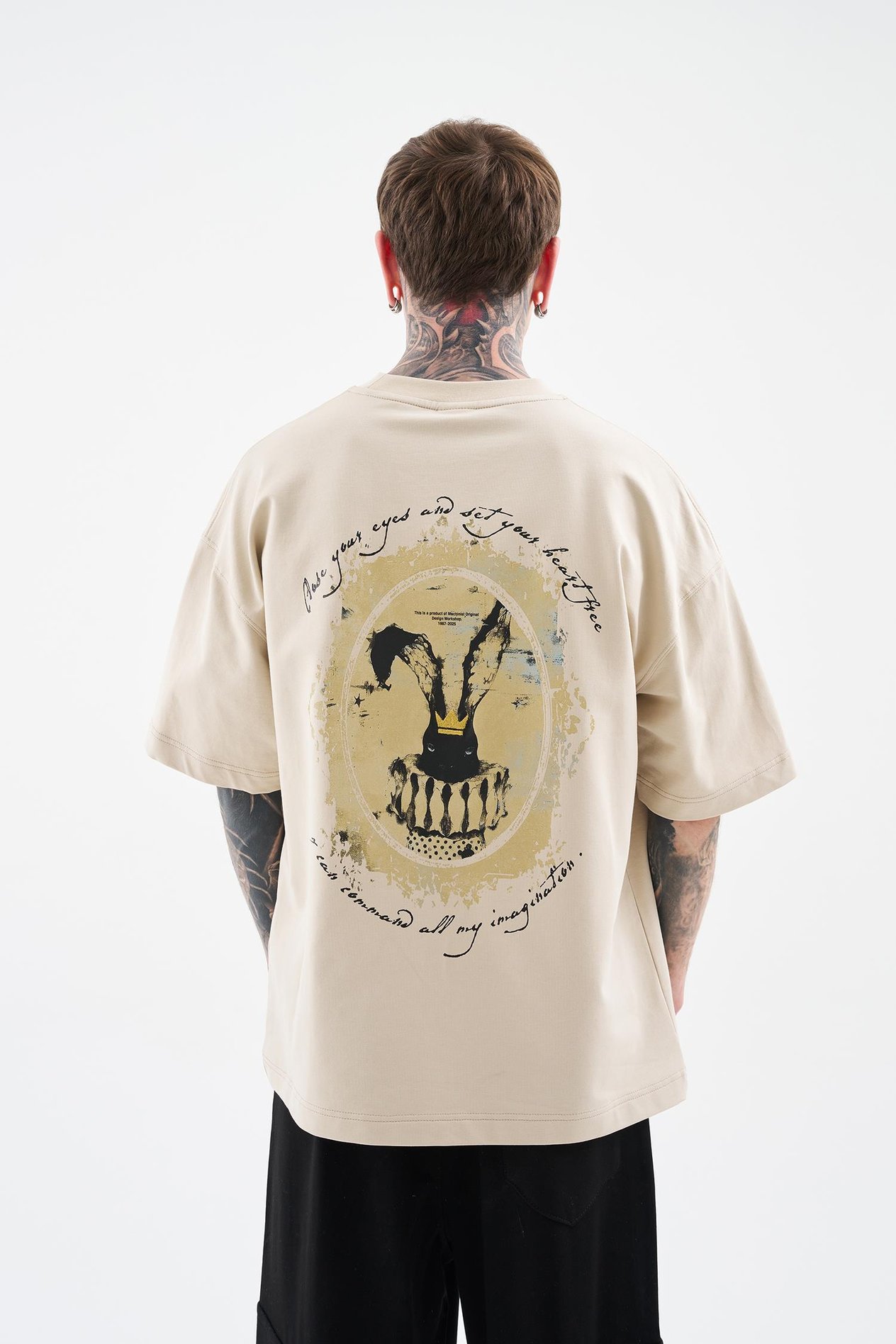 Erkek Printed And Glitter Embroidered Oversi̇ze Ti̇şört SOFT BEIGE