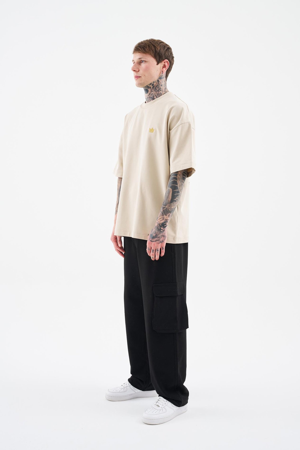 Erkek Printed And Glitter Embroidered Oversi̇ze Ti̇şört SOFT BEIGE