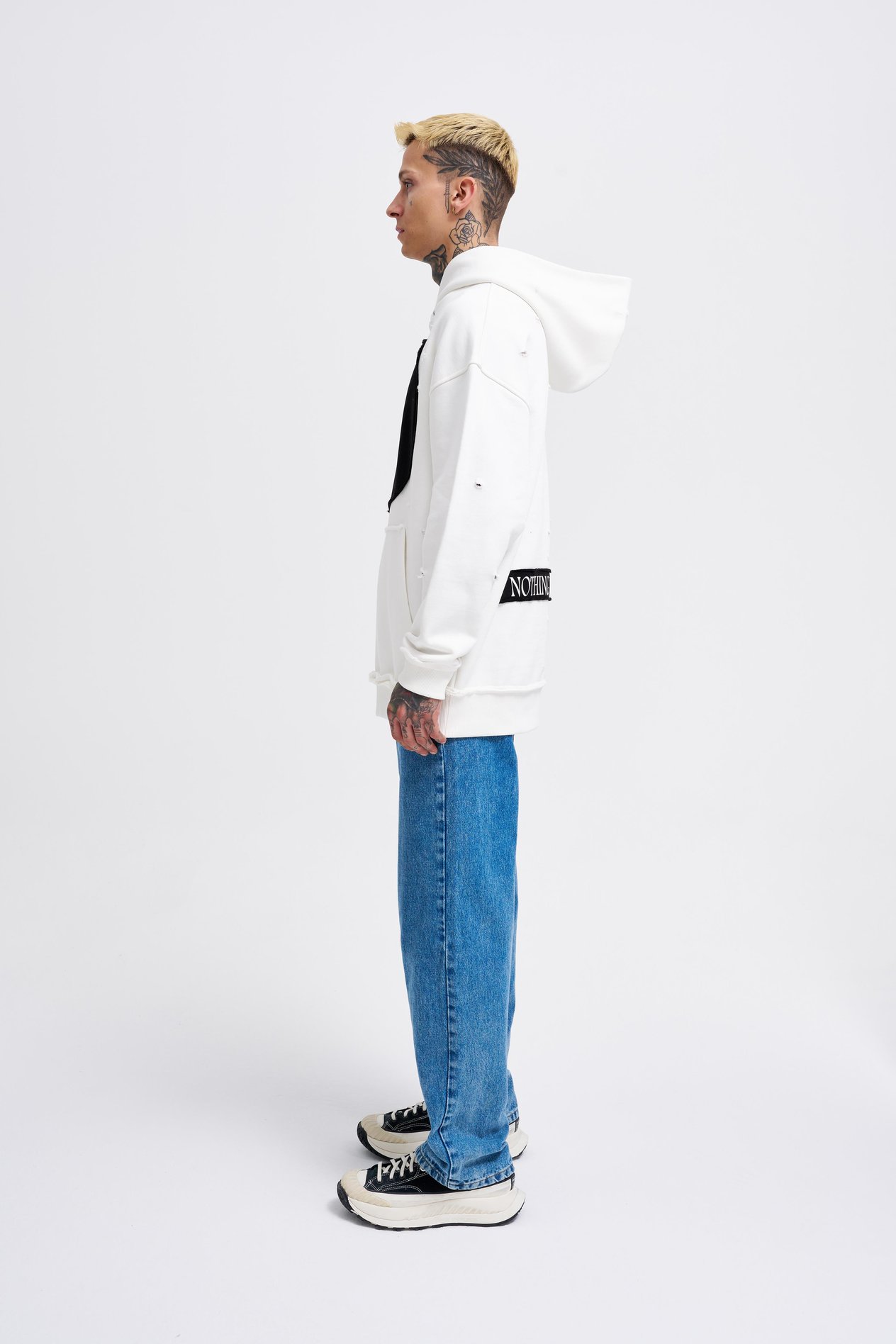 Erkek Printed and Patched Hoodie ECRU