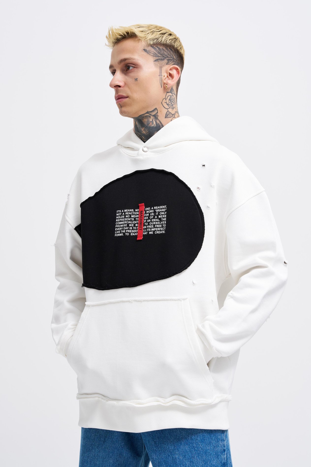 Erkek Printed and Patched Hoodie ECRU