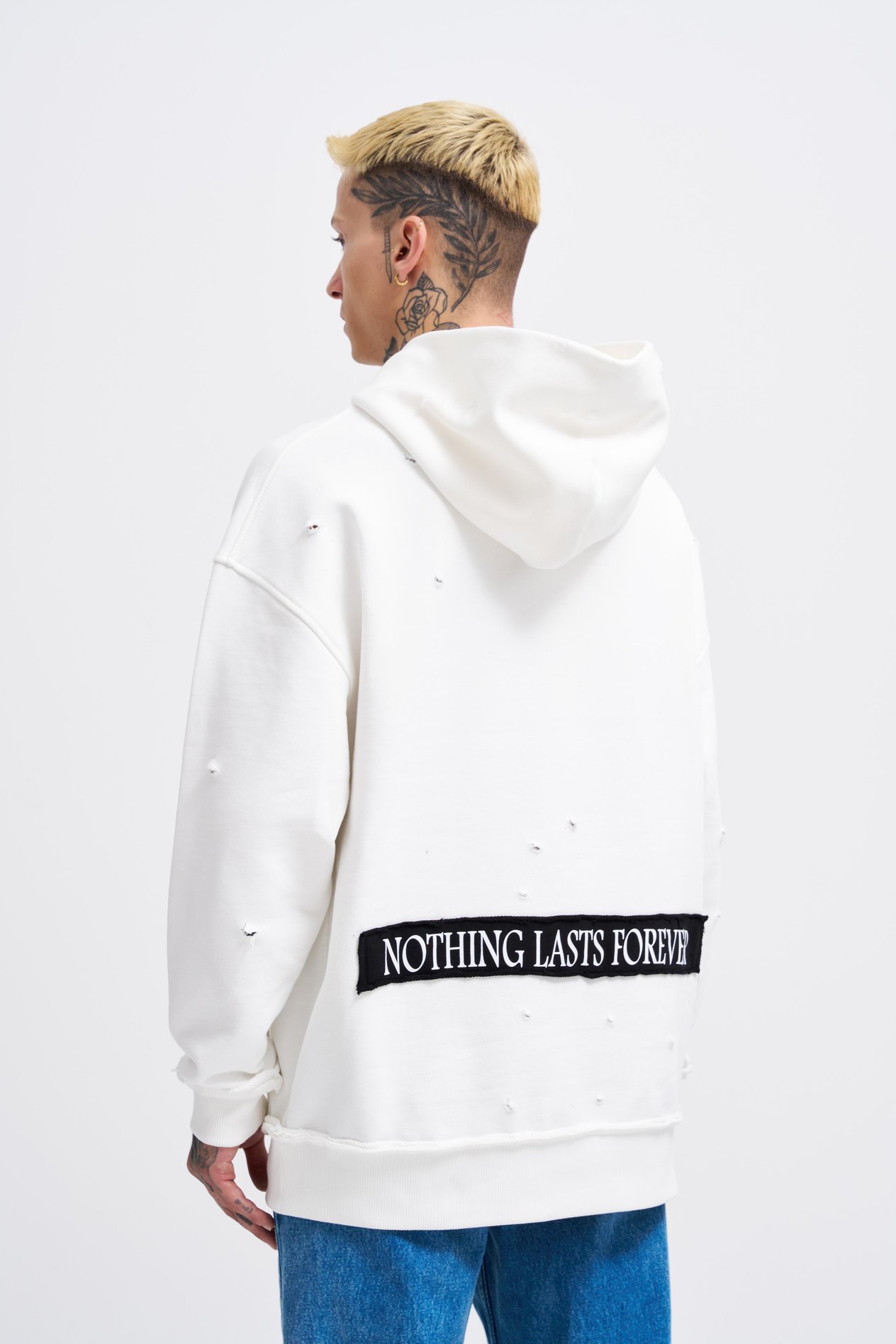 Erkek Printed and Patched Hoodie ECRU