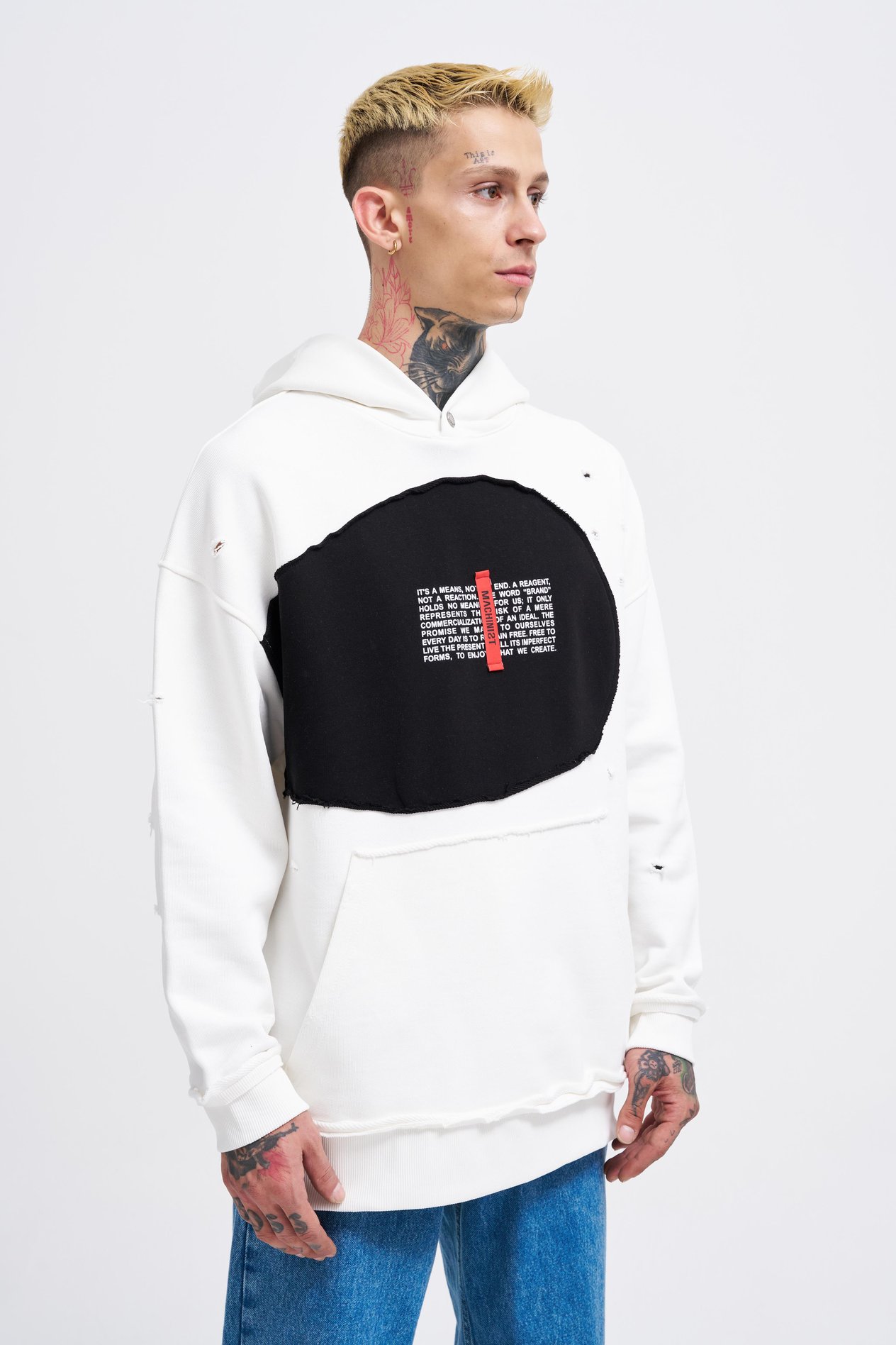 Erkek Printed and Patched Hoodie ECRU