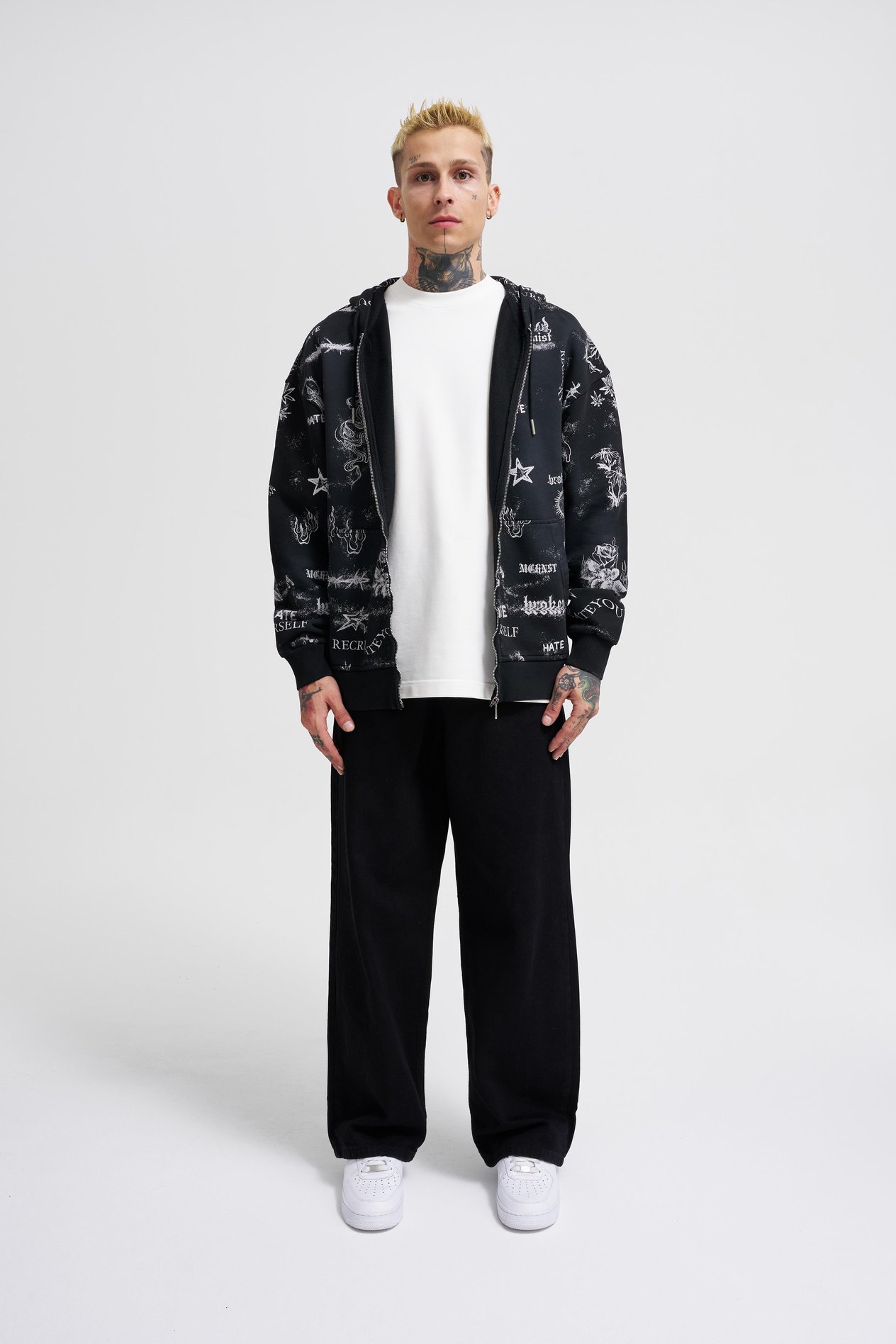 Erkek Printed And Washing Zip Siyah Hoodie