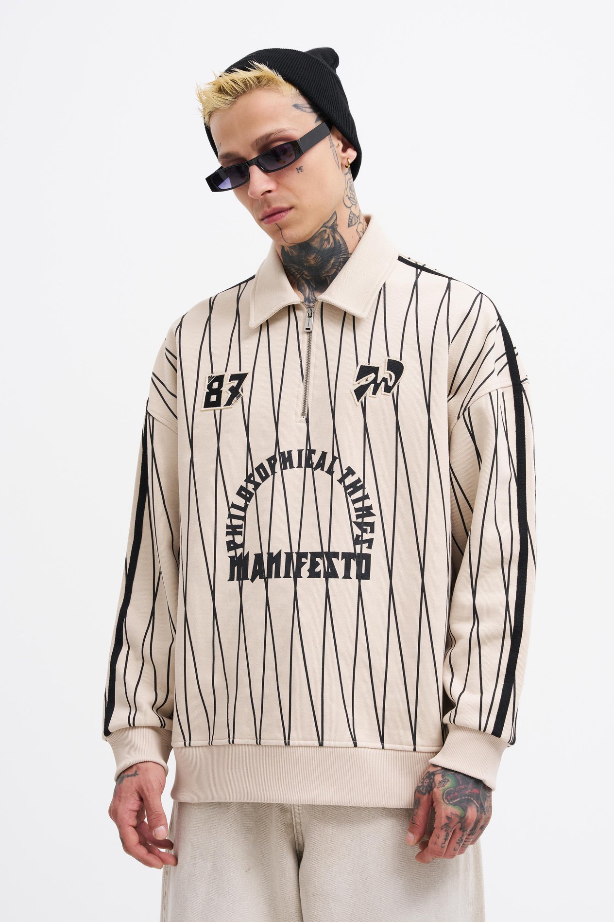 Erkek Printed And Zip Polo Sweatshirt Soft Beıge