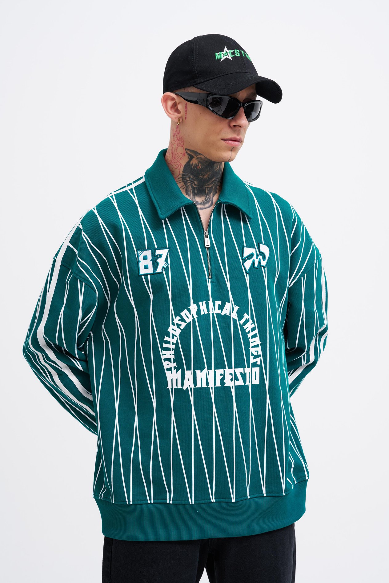 Erkek Printed And Zip Polo Petrol Yeşili Sweatshirt