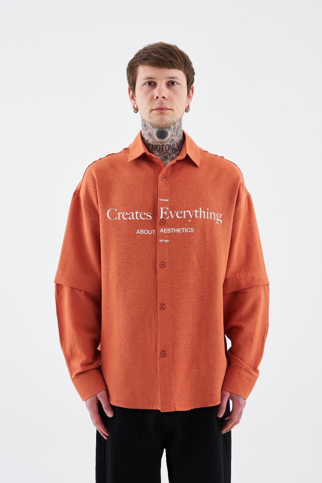 Erkek Printed Detachable Sleeve Turuncu Gömlek