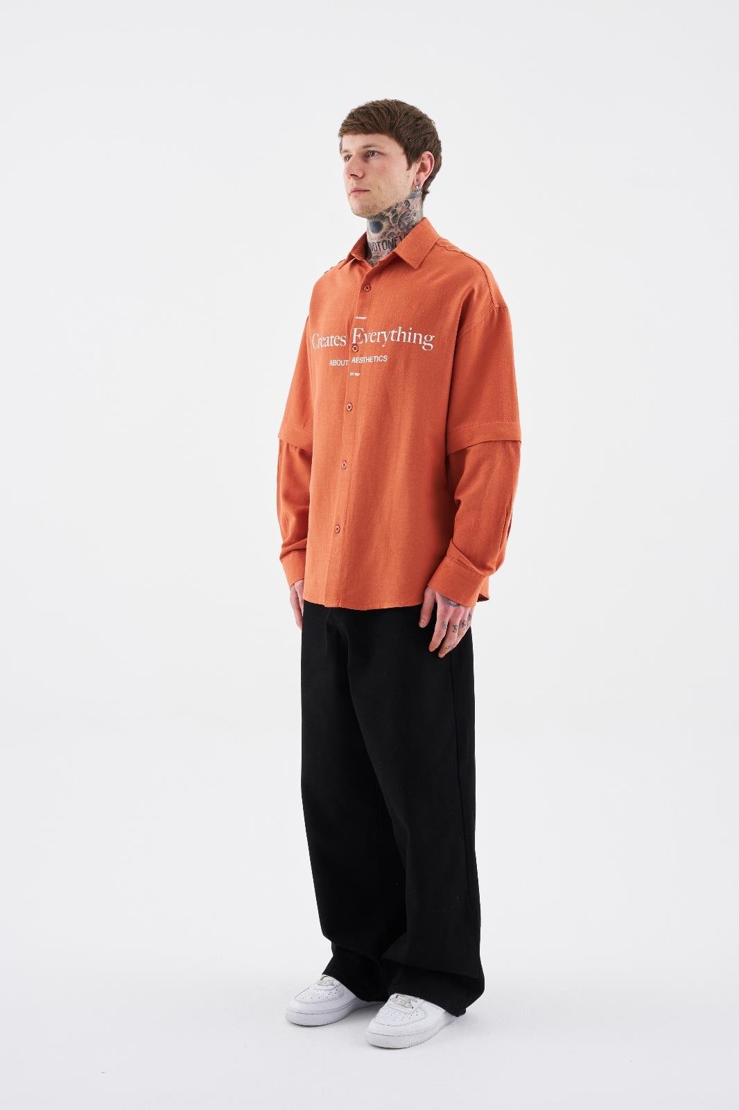 Erkek Printed Detachable Sleeve Turuncu Gömlek