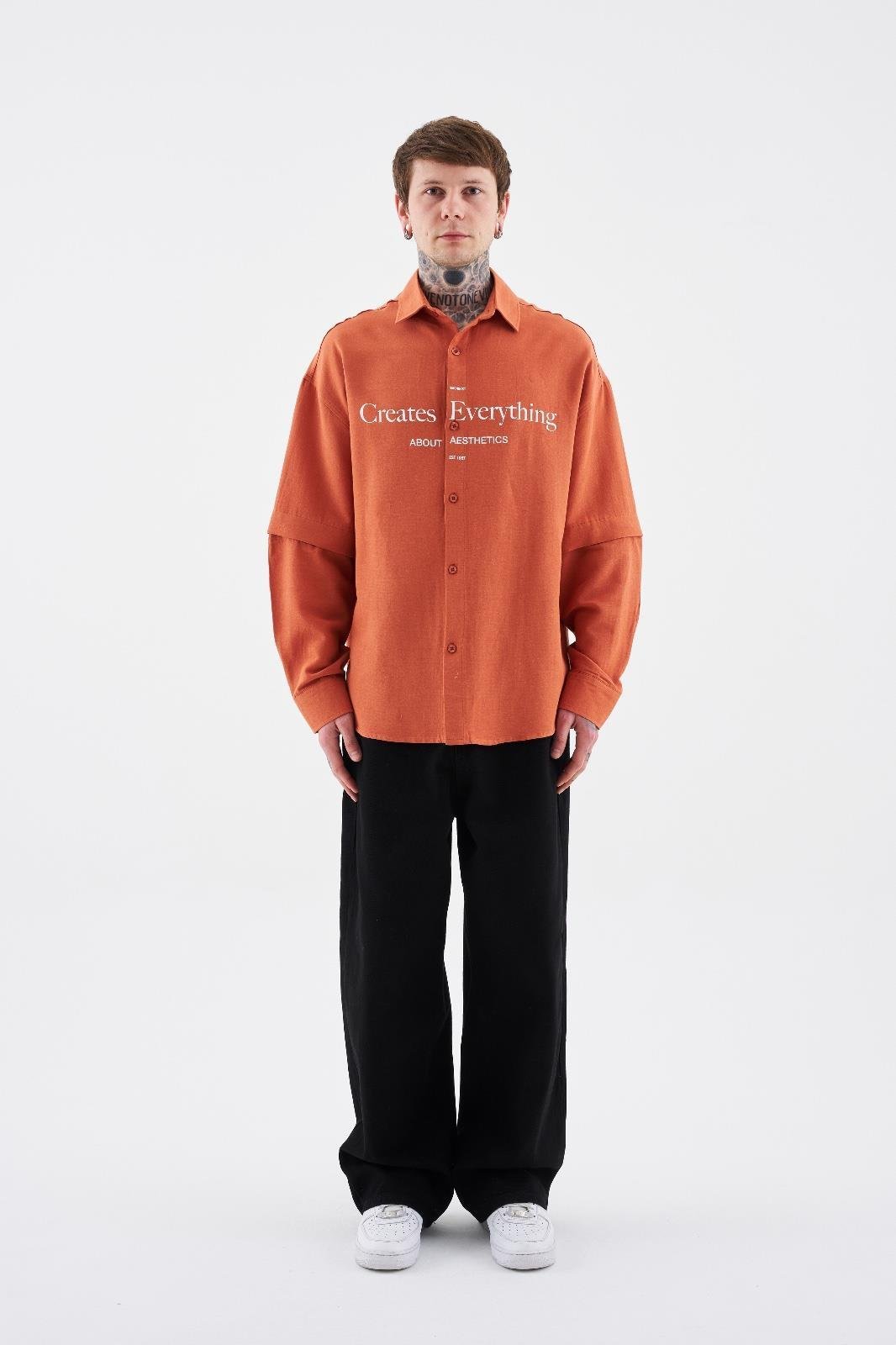 Erkek Printed Detachable Sleeve Turuncu Gömlek