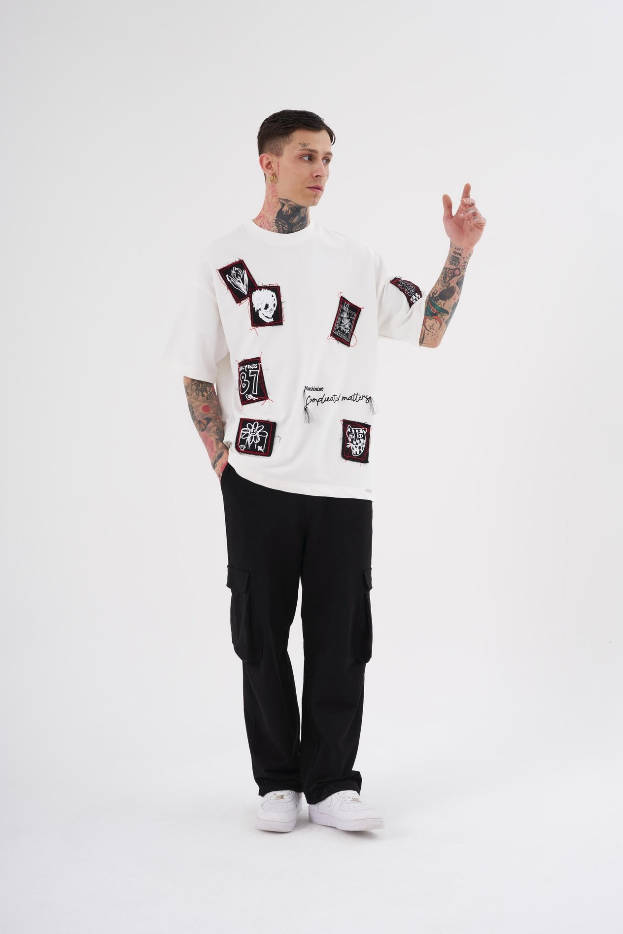 Erkek Printed Patched Baskılı Oversize Ekru Tişört