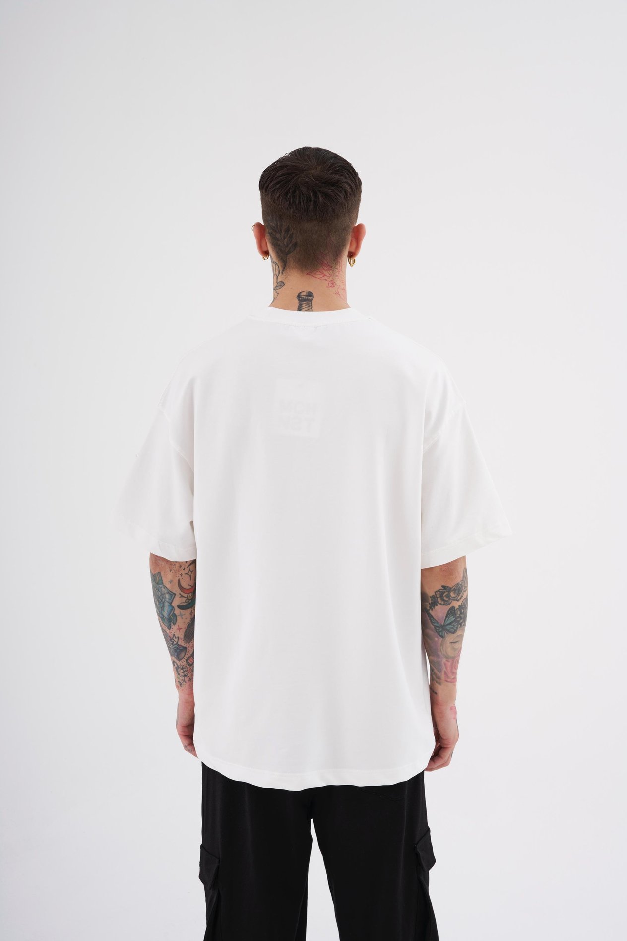 Erkek Printed Patched Baskılı Oversize Ekru Tişört