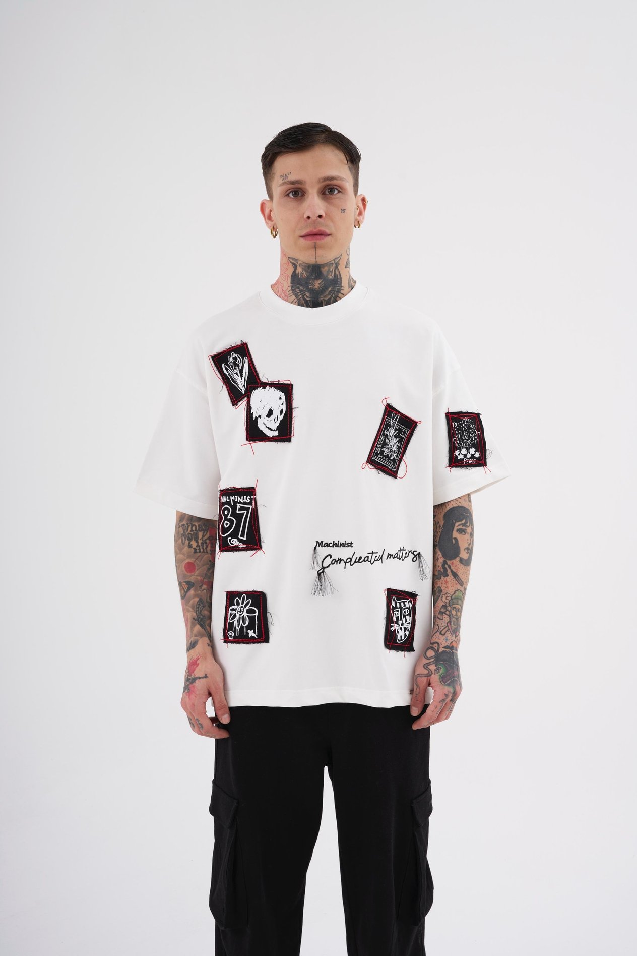Erkek Printed Patched Baskılı Oversize Ekru Tişört