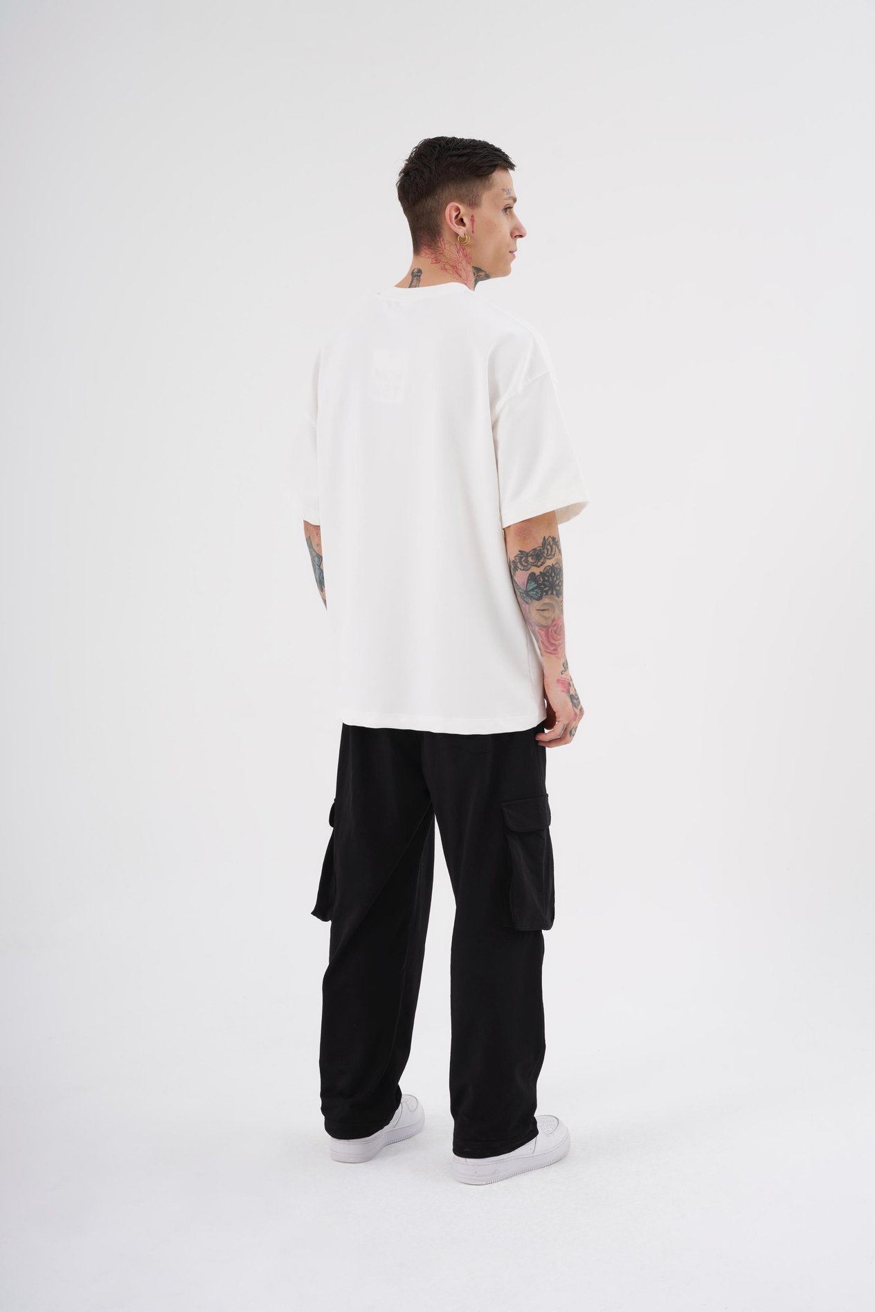 Erkek Printed Patched Baskılı Oversize Ekru Tişört