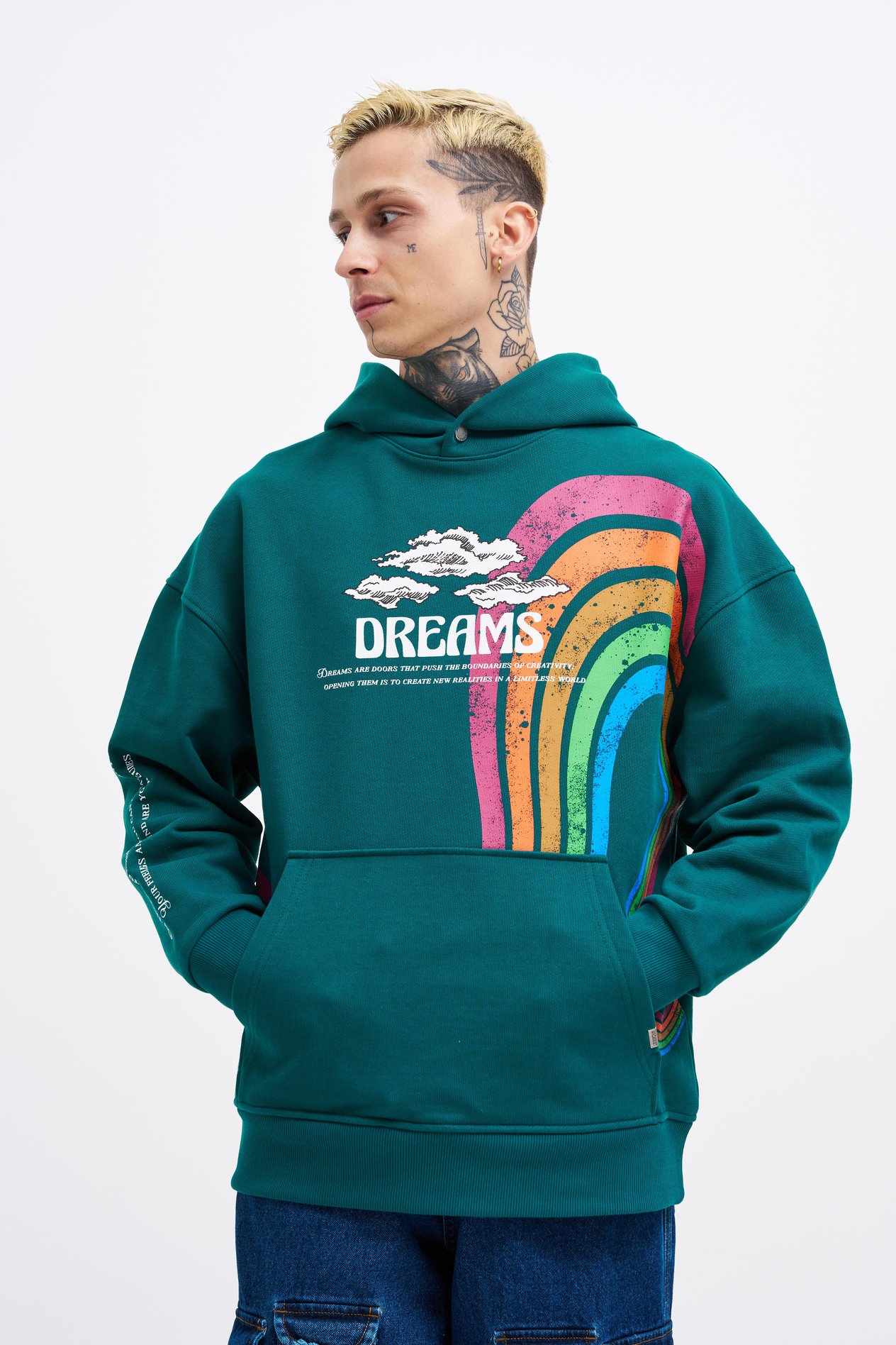 Erkek Rainbow Printed Petrol Yeşili Hoodie