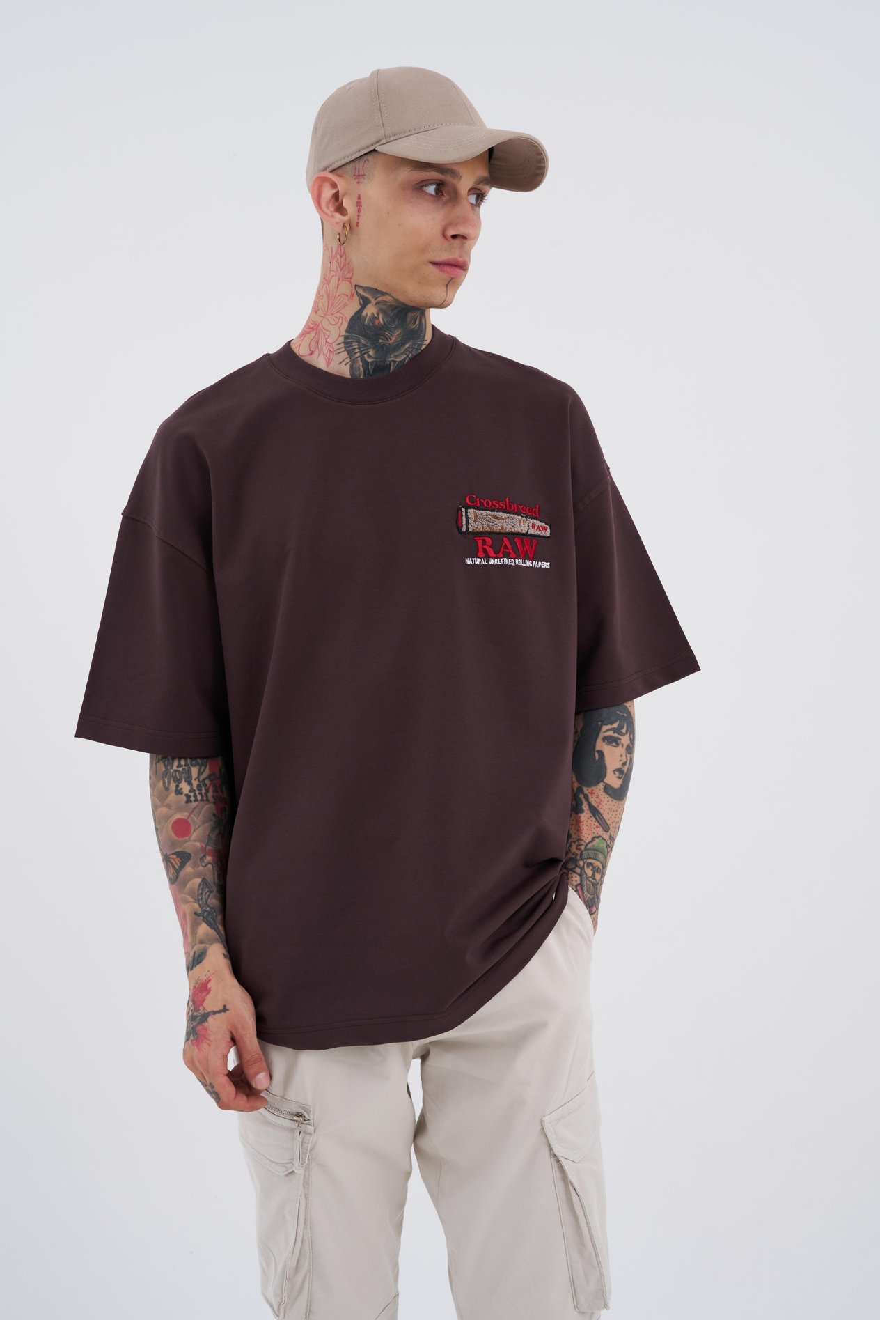 Erkek Raw Crossbreed Detaylı Oversize Kahverengi Tişört