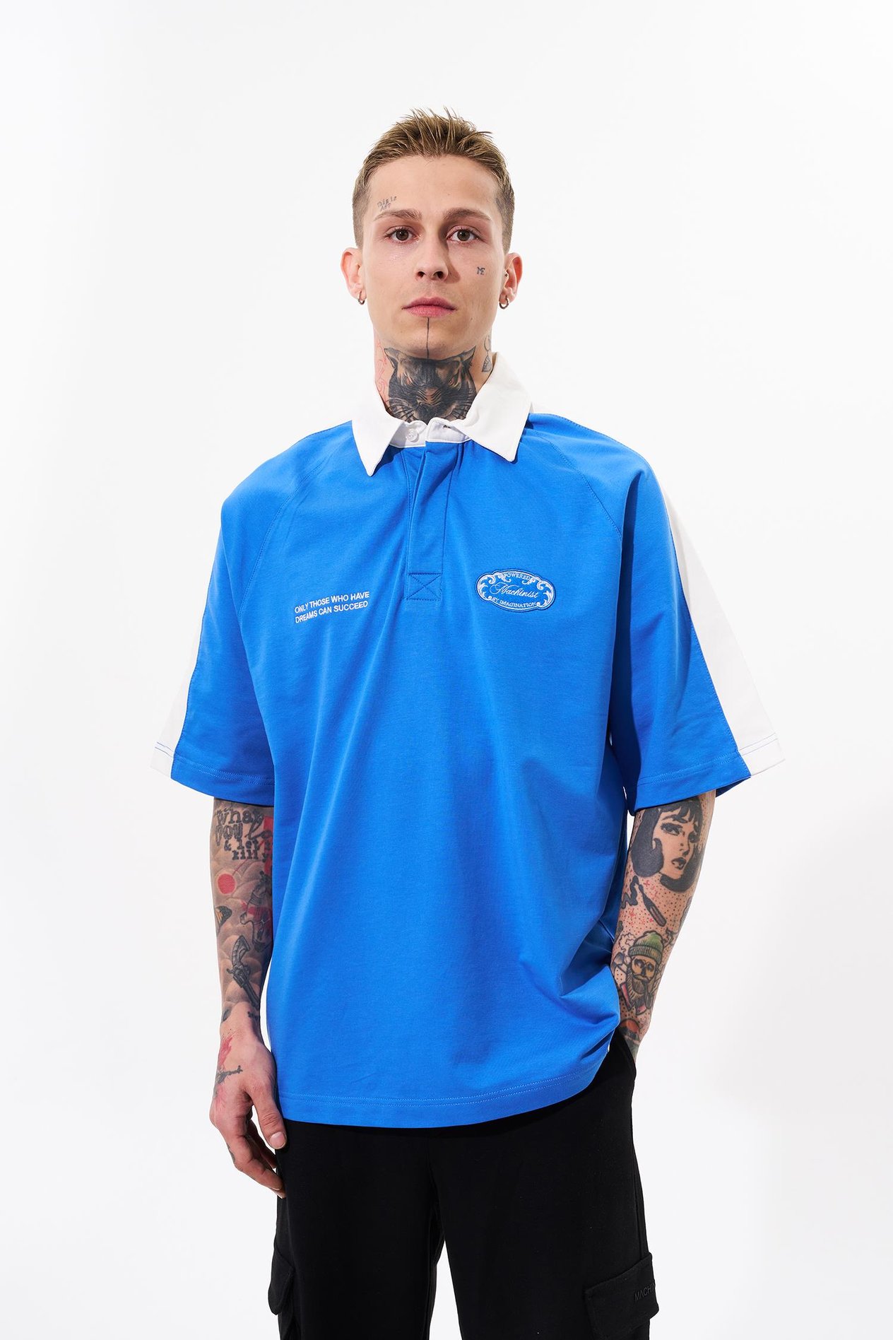 Erkek Reglan Contrast Oversize Açık Mavi Polo Yaka Tişört