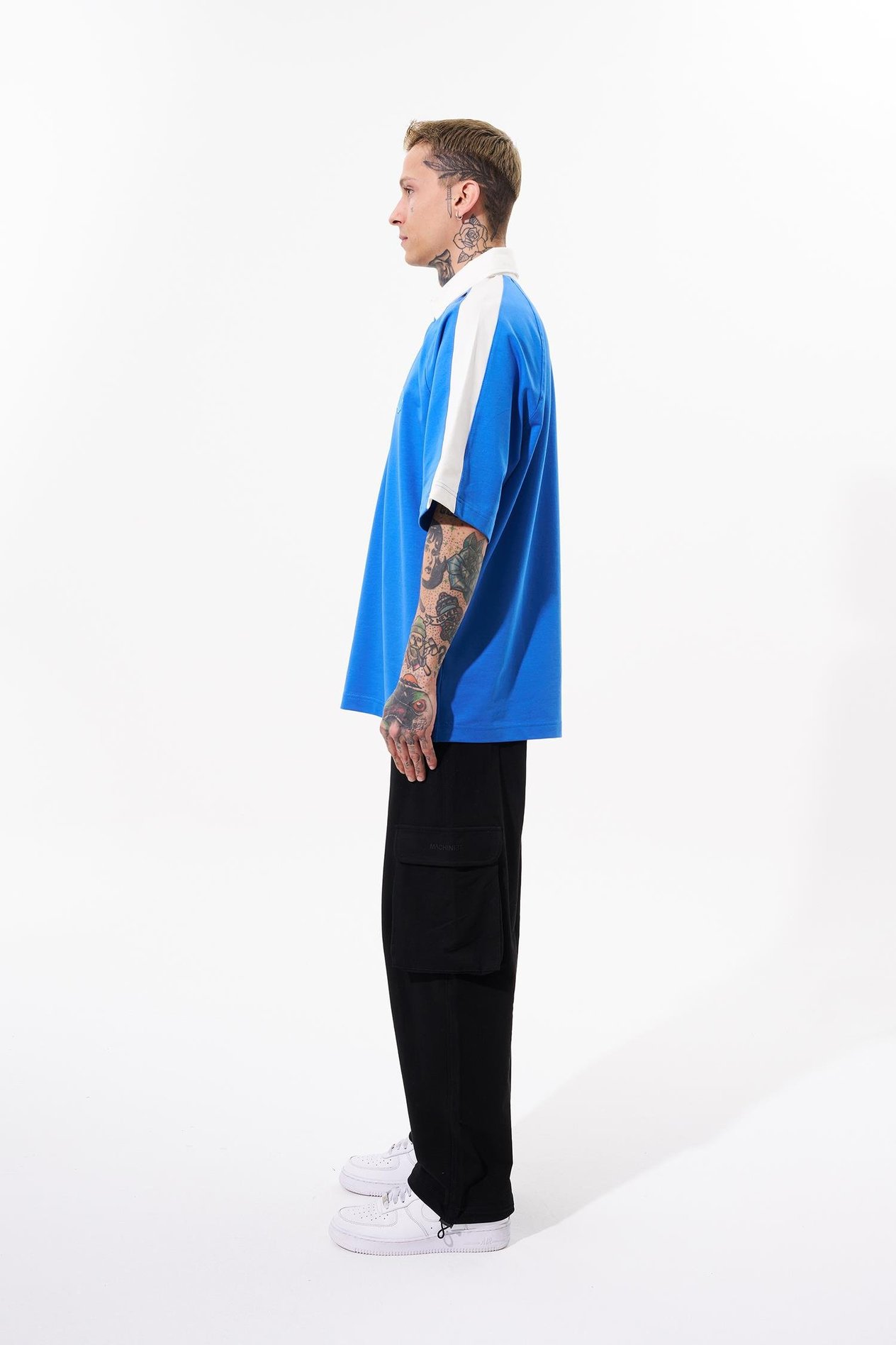 Erkek Reglan Contrast Oversize Açık Mavi Polo Yaka Tişört