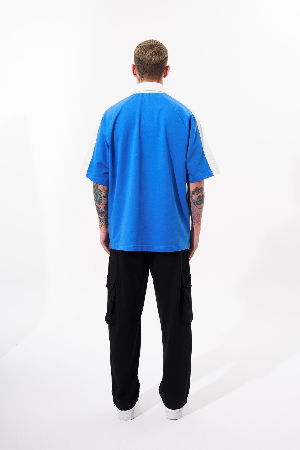 Erkek Reglan Contrast Oversize Açık Mavi Polo Yaka Tişört