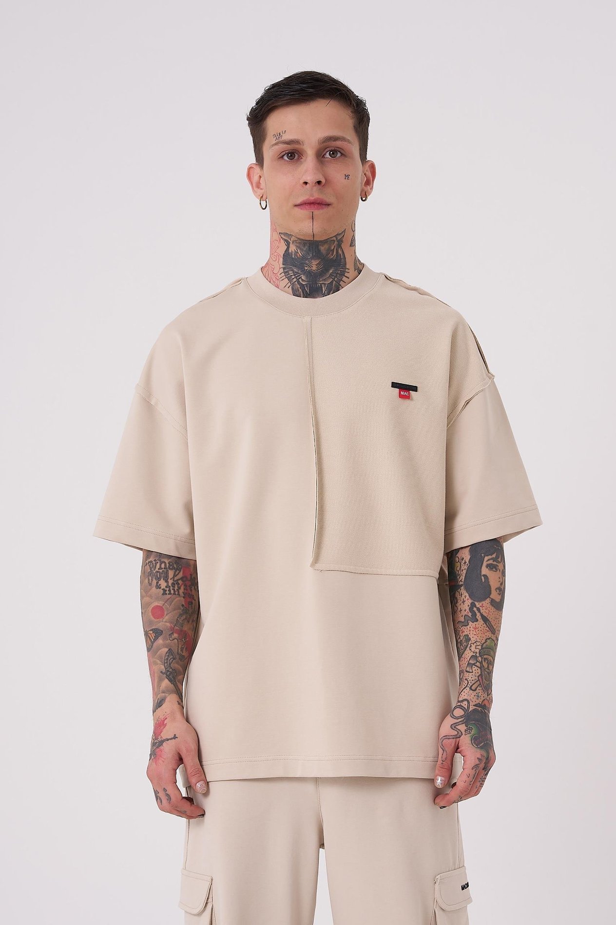Erkek Reverse Sttich Baskılı Oversize Tişört SOFT BEIGE