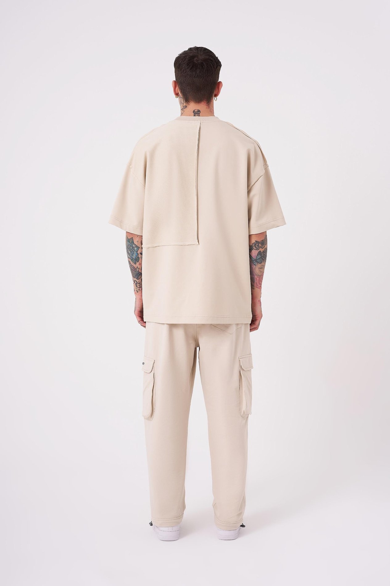 Erkek Reverse Sttich Baskılı Oversize Tişört SOFT BEIGE