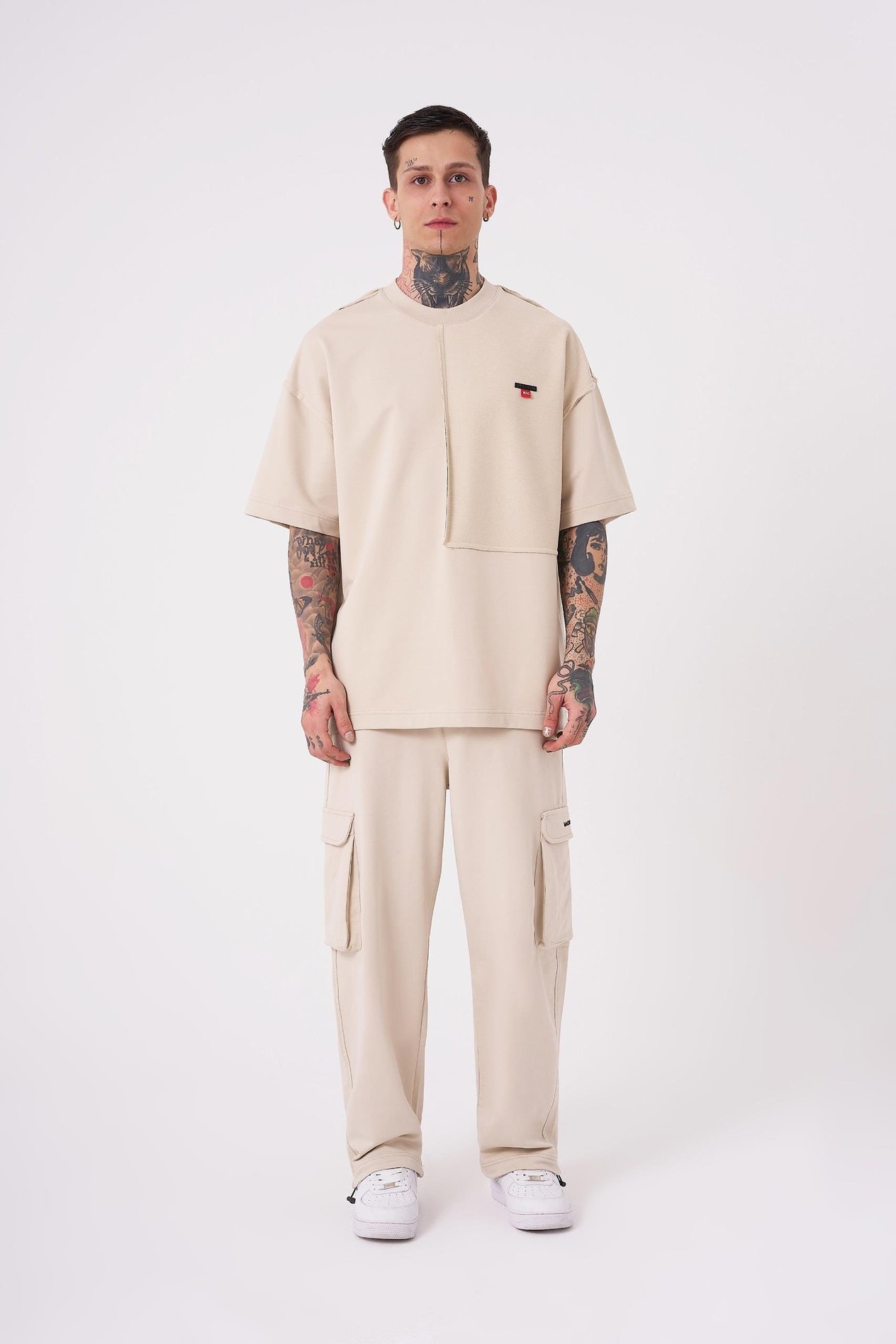 Erkek Reverse Sttich Baskılı Oversize Tişört SOFT BEIGE