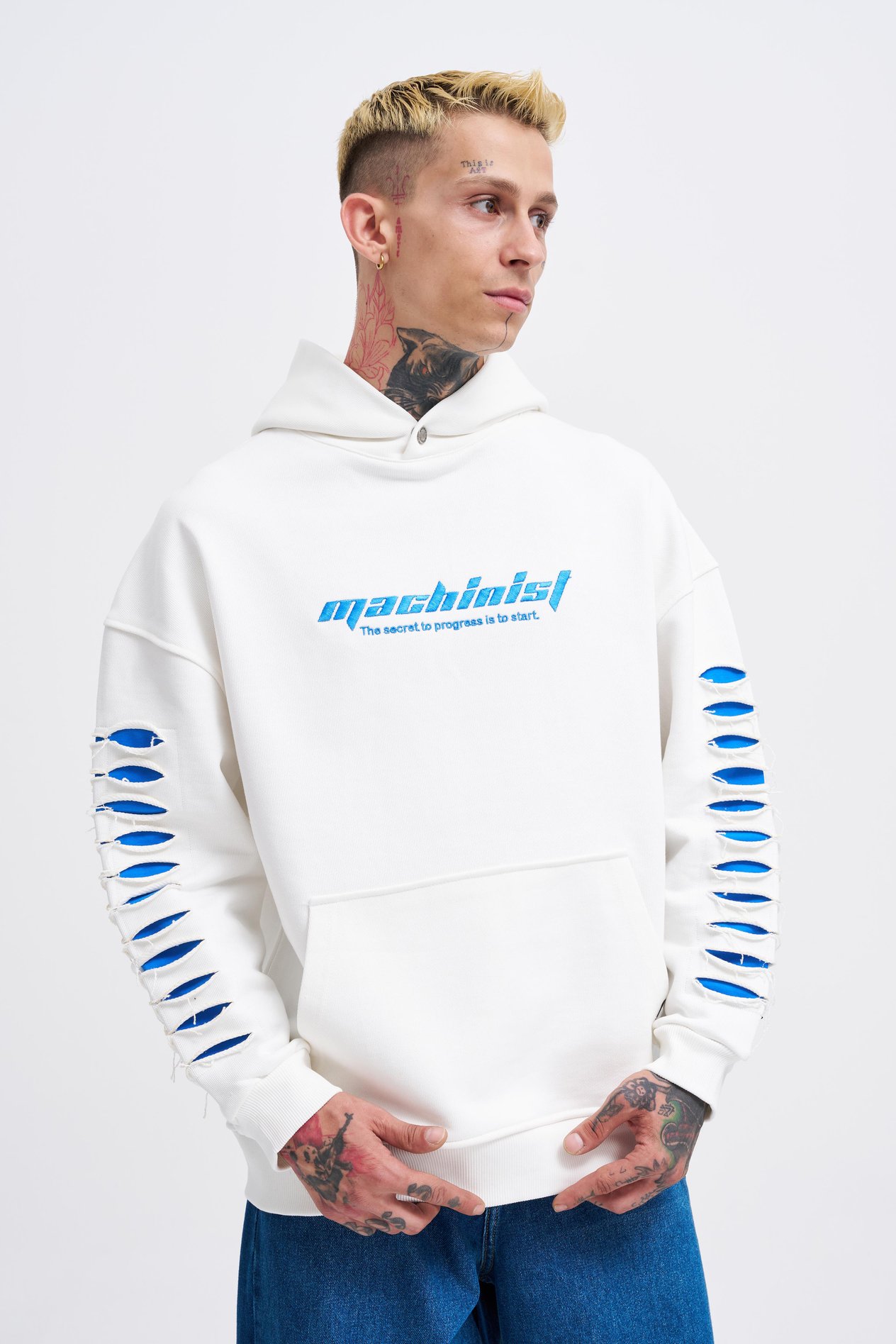 Erkek Rıpped Effects Sleeves Hoodie ECRU