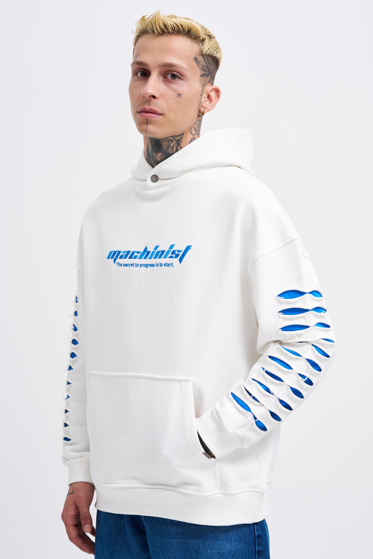 Erkek Rıpped Effects Sleeves Hoodie ECRU
