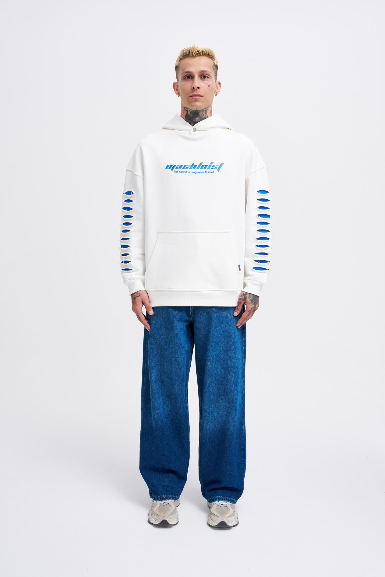 Erkek Rıpped Effects Sleeves Hoodie ECRU