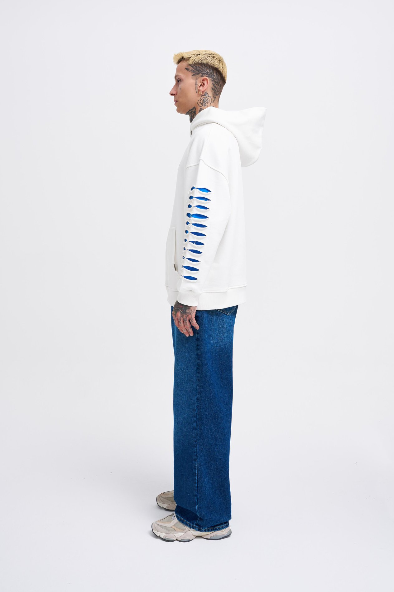 Erkek Rıpped Effects Sleeves Hoodie ECRU
