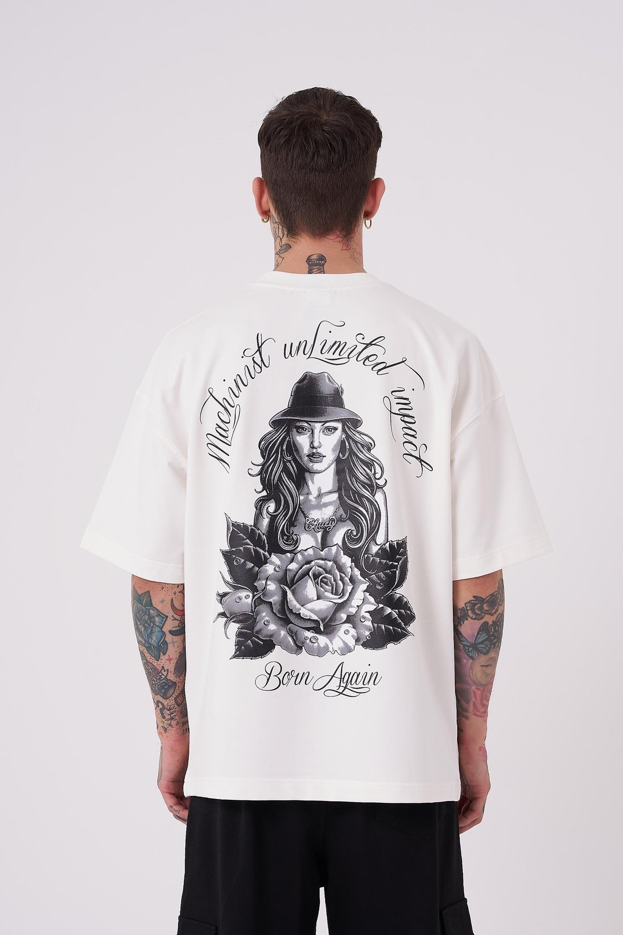 Erkek Rose Baskılı Oversize Ekru Tişört