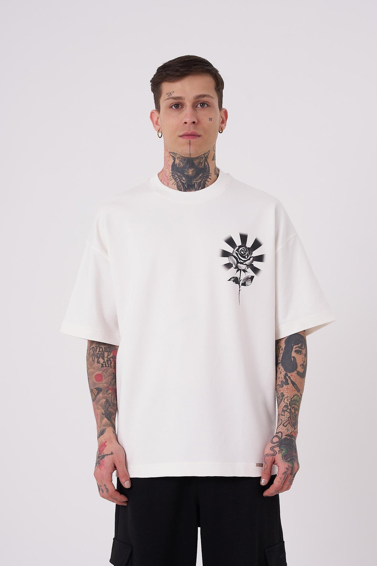 Erkek Rose Baskılı Oversize Ekru Tişört