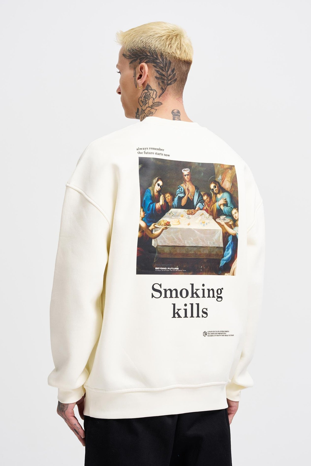 Erkek Smoking Kill Baskılı Oversize Ekru Sweatshirt