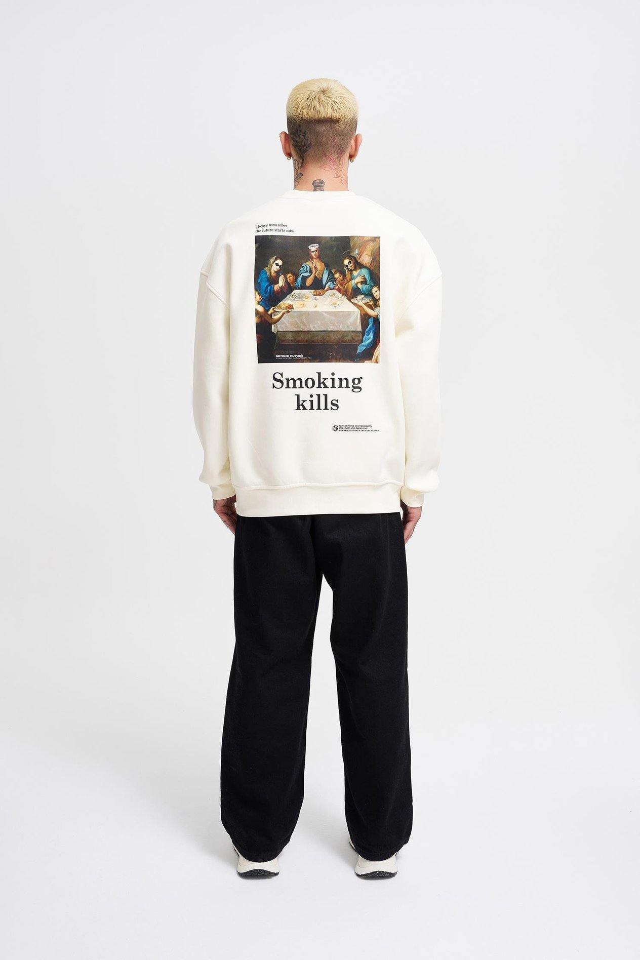 Erkek Smoking Kill Baskılı Oversize Ekru Sweatshirt