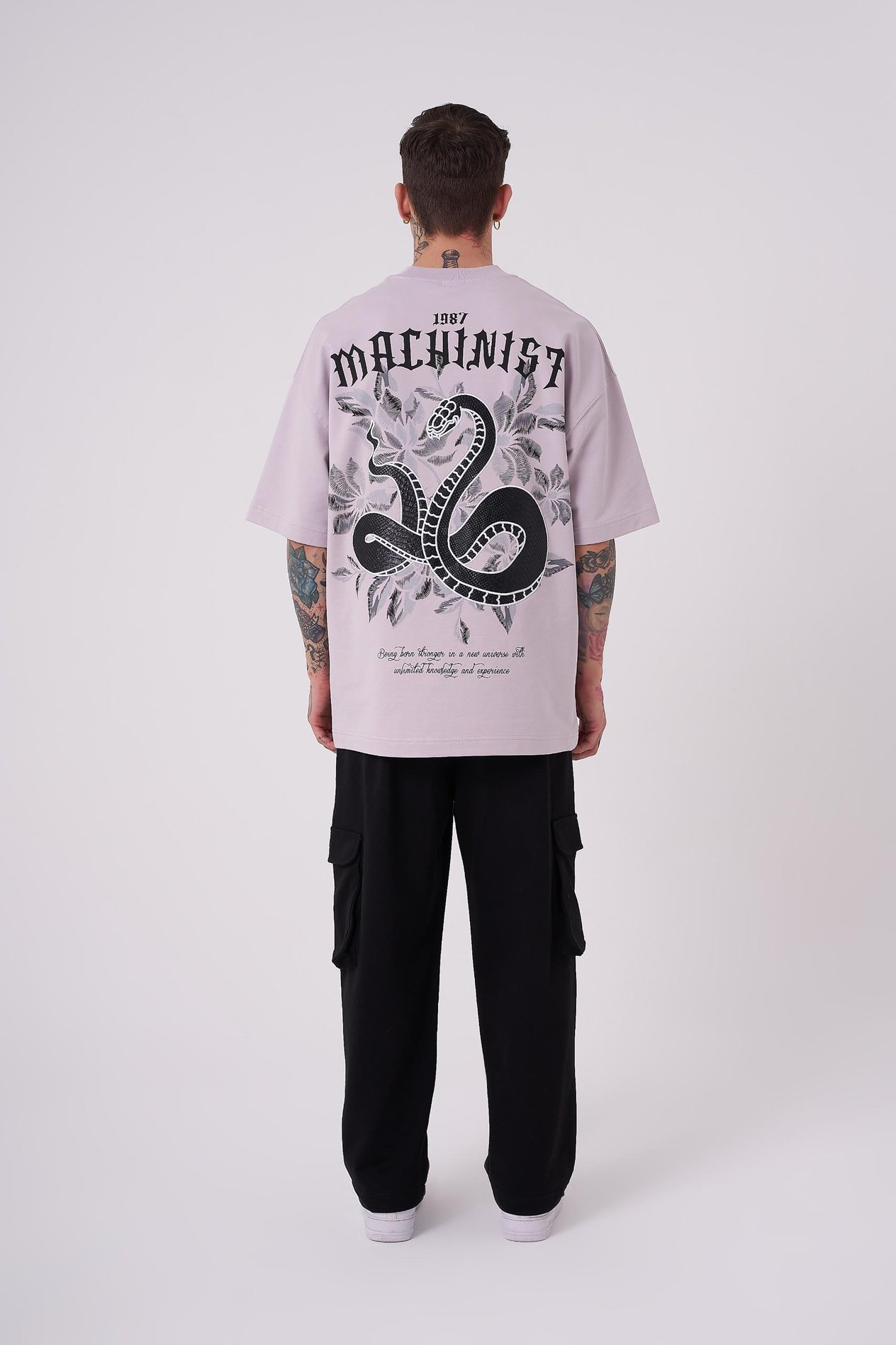 Erkek Snake Aplique Baskılı Oversize Lila Tişört