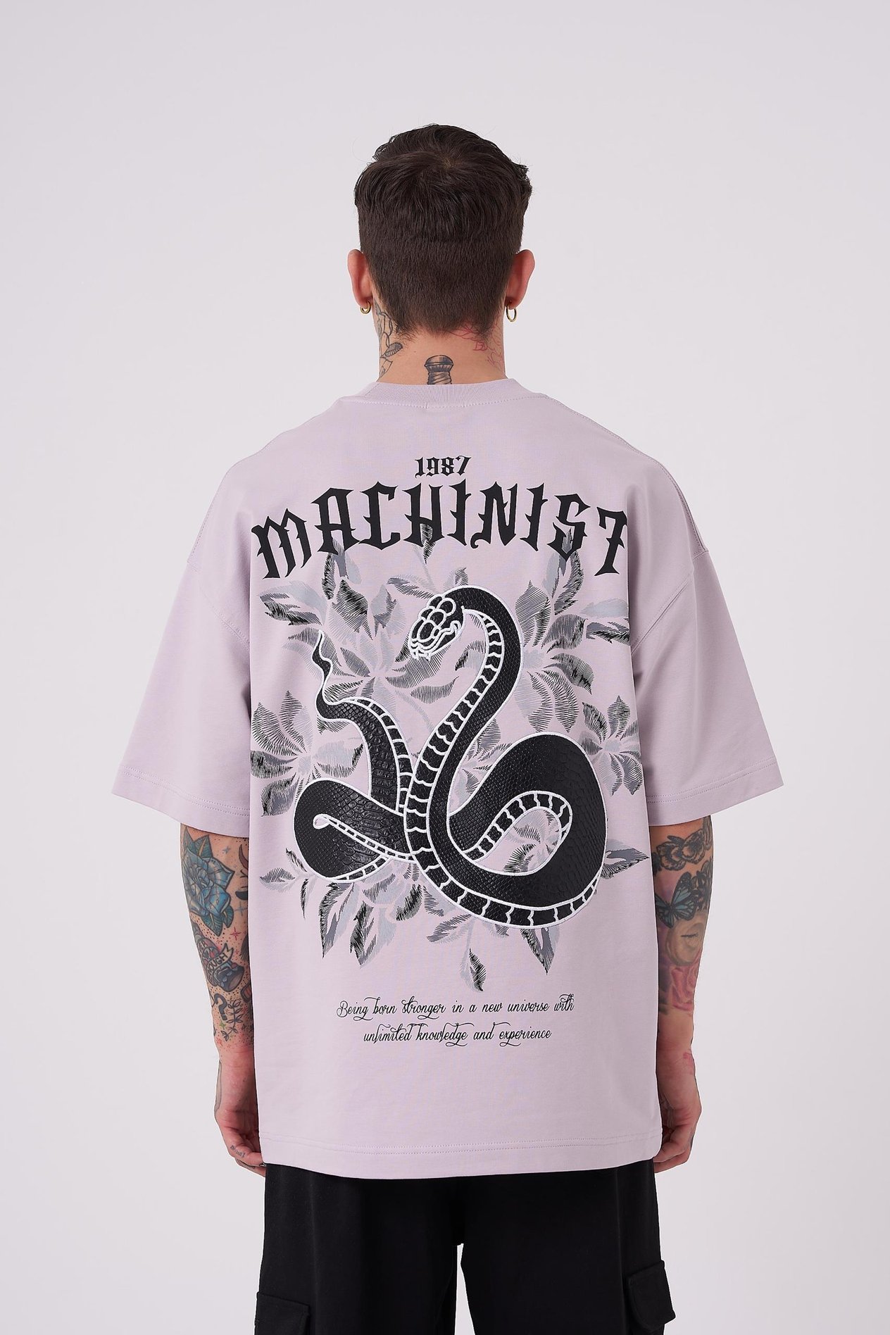 Erkek Snake Aplique Baskılı Oversize Lila Tişört
