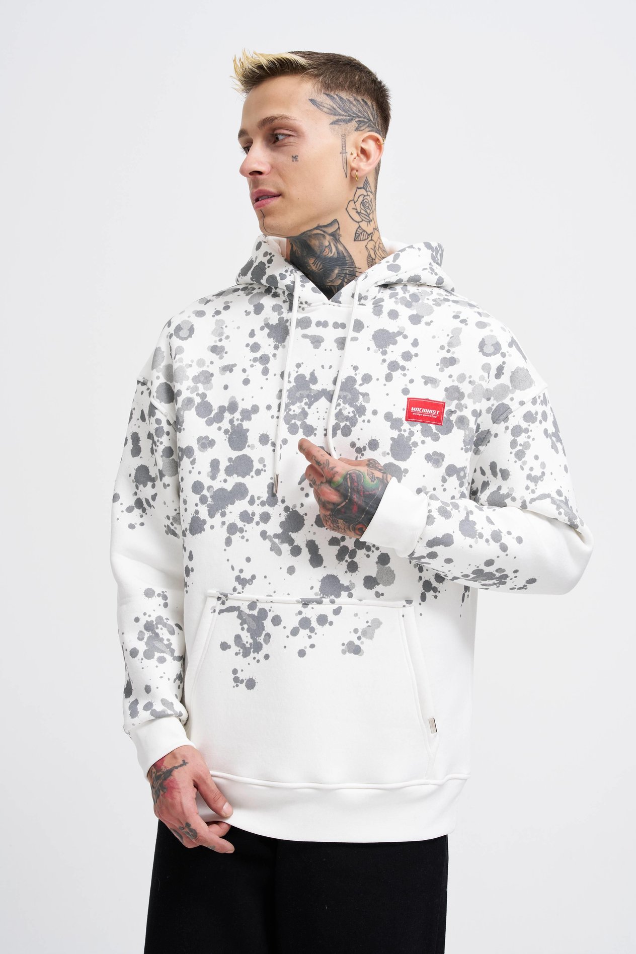 Erkek Splash Printed Ekru Hoodie